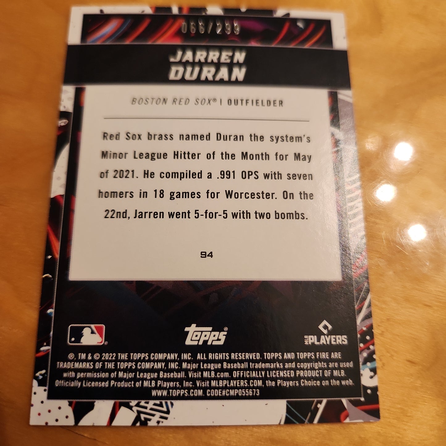 Topps Baseball Holo FIR Jarren Duran RC 066/299 #94