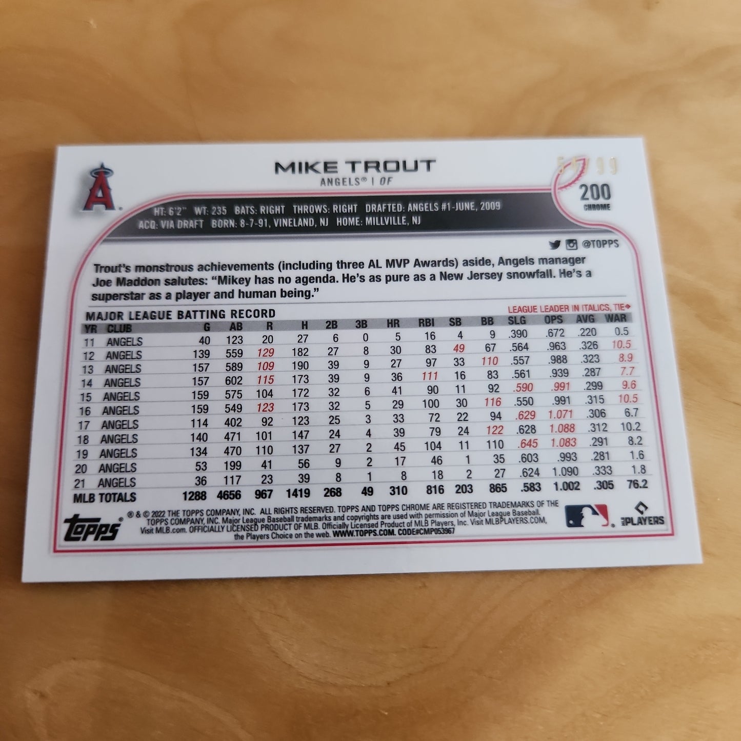 Topps Chrome Green Refractor Baseball Mike Trout 54/99 #200