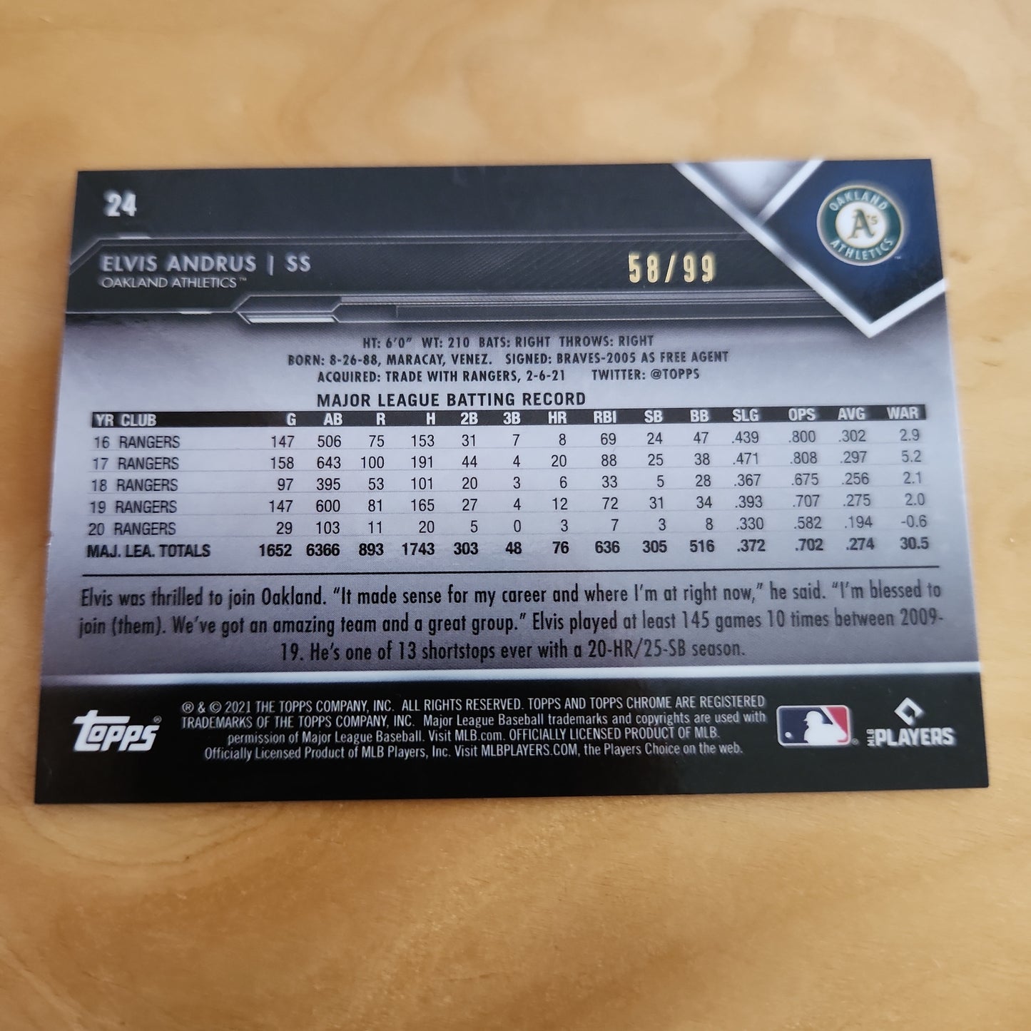 Topps Chrome Black Green Baseball Elvis Andrus 58/99 #24