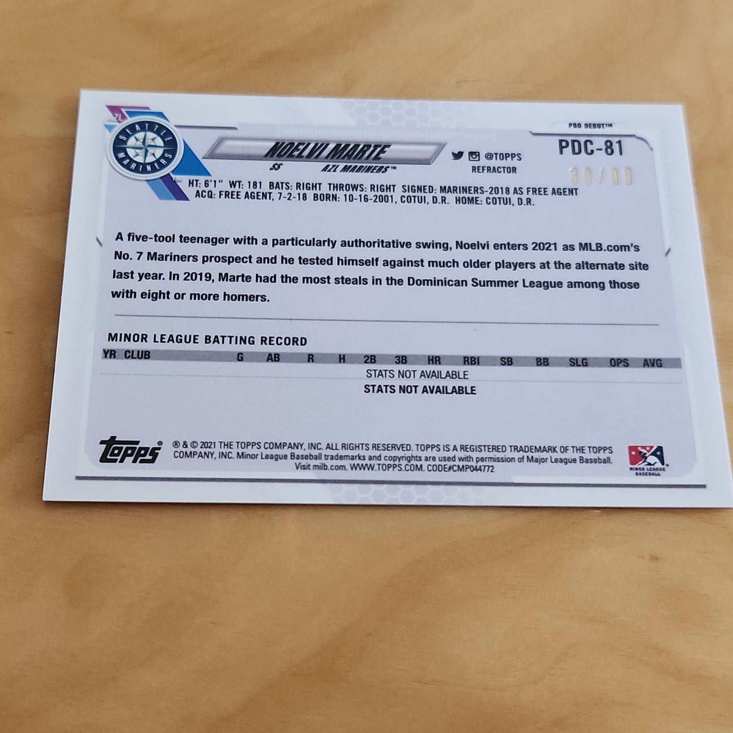 Topps Baseball Chrome Pro Debut Noelvi Marte 39/39 #PDC-81