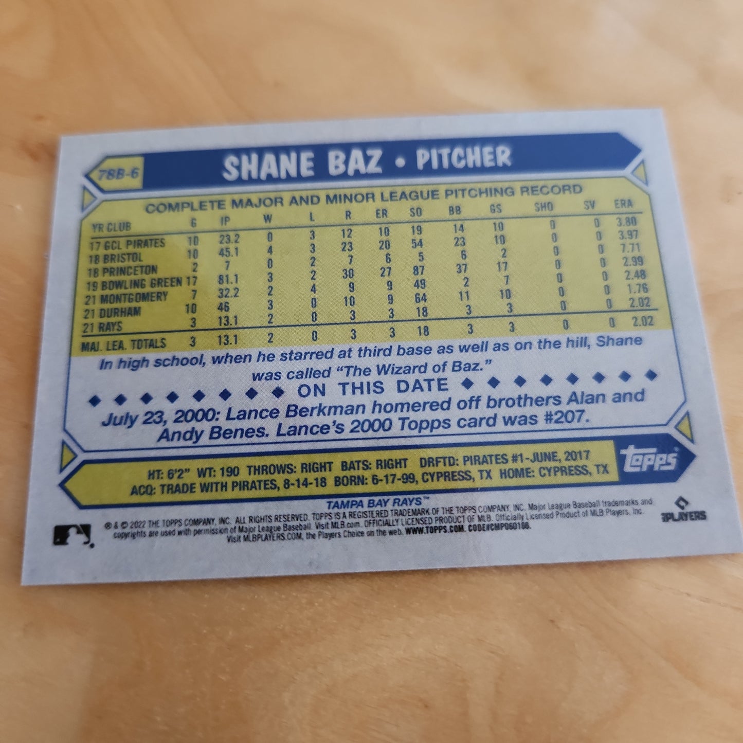 Topps Baseball Mini Shane Baz RC #78B-6