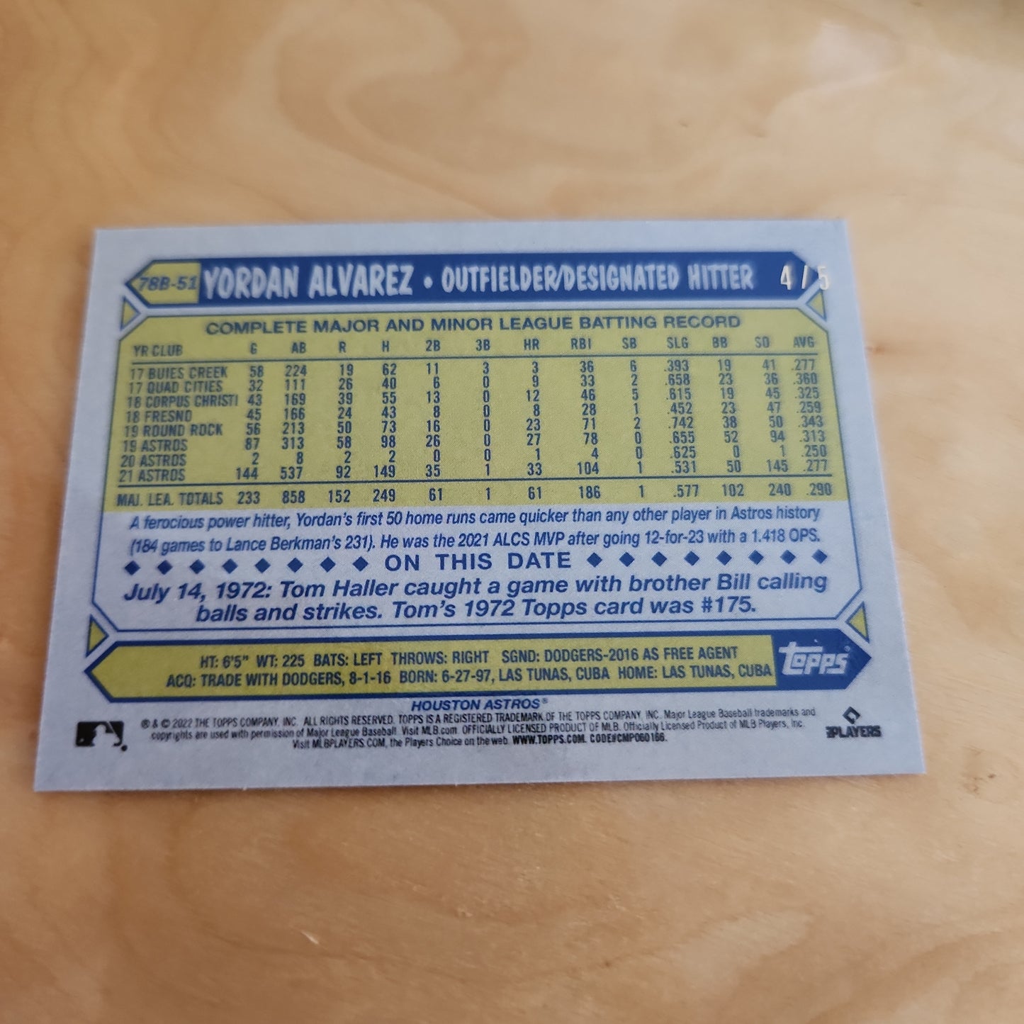 Topps Baseball Mini Brown Yordan Alvarez 4/5 #78B-51