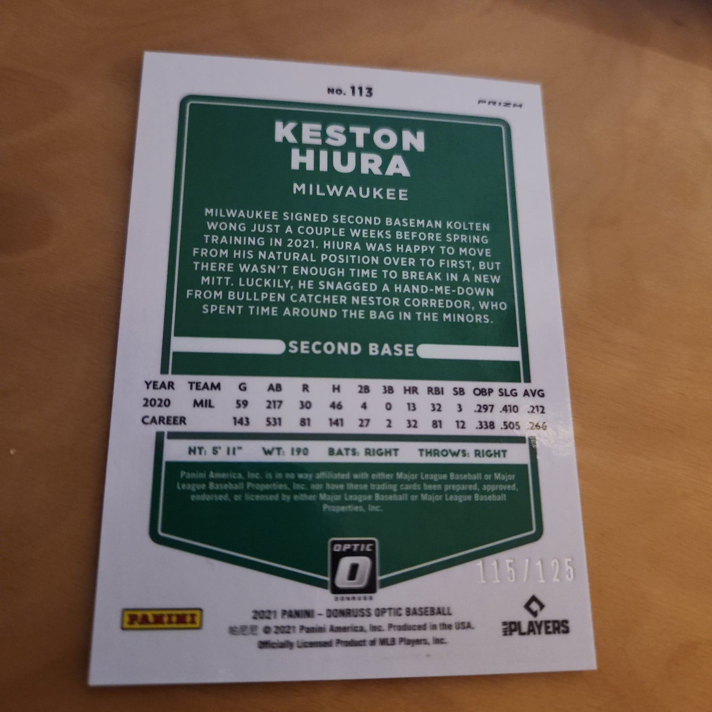 Panini Optic Orange Baseball Prizm Keston Hiura 115/125 #113