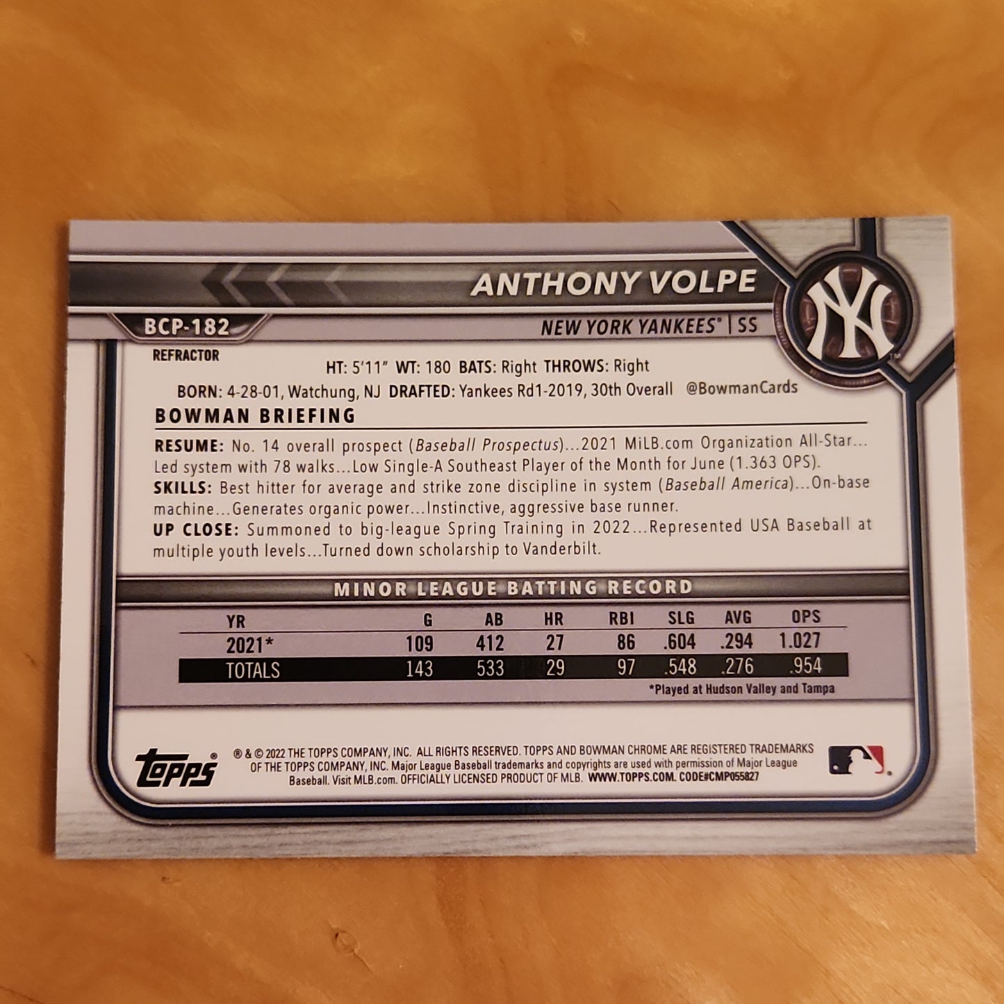 2022 Bowman Chrome Anthony Volpe Shimmer Refractor Bowman #BCP-76 Yankees Baseball