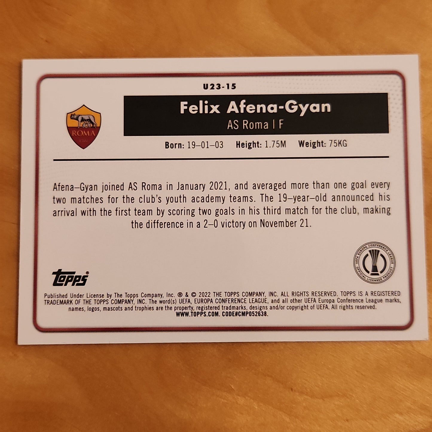 Felix Afena-Gyan 2021-22 Topps Merlin Chrome UEFA U23 Stars Insert AS Roma RC