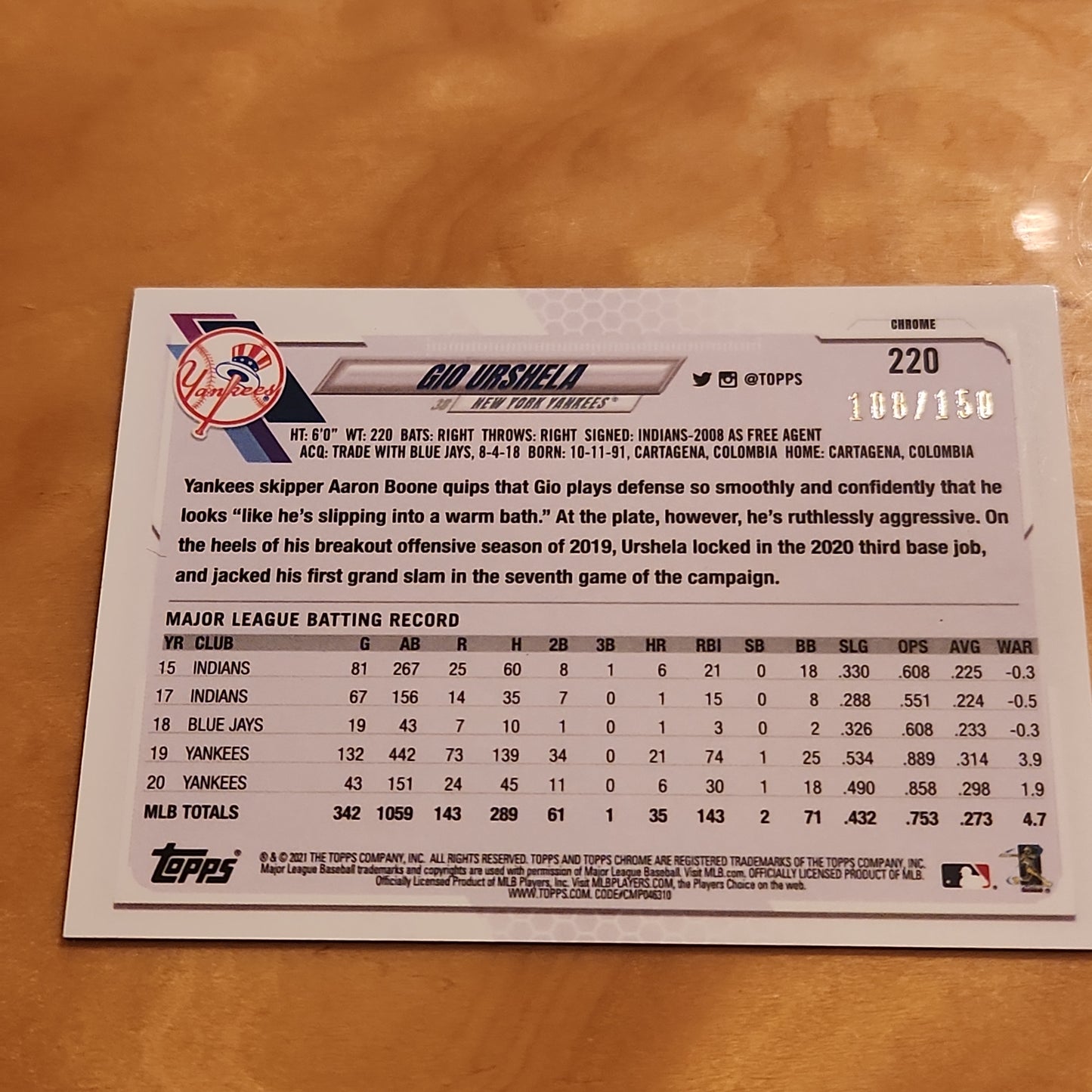 Topps Chrome Gio Urshela 100/150 #220