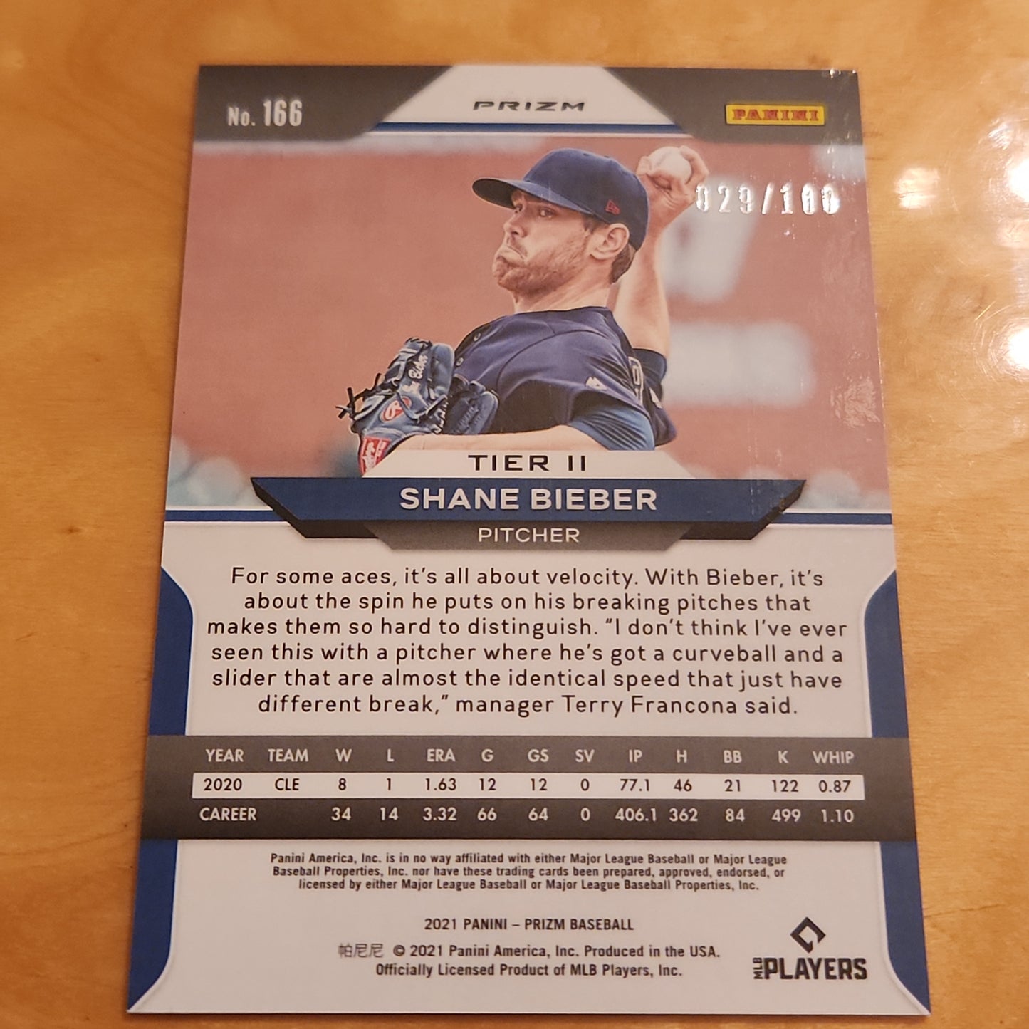 Panini Prizm Tier 2 Orange Shane Bieber 029/100 #166