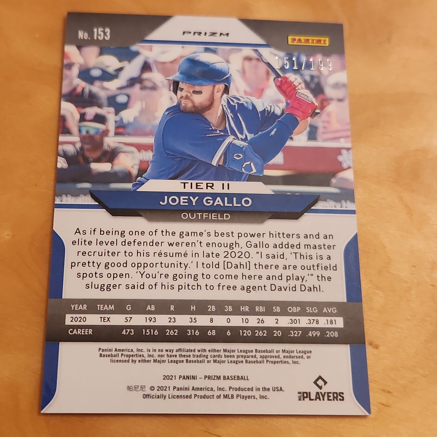 Panini Prizm Blue Refractor Joey Gallo 151/199 #153