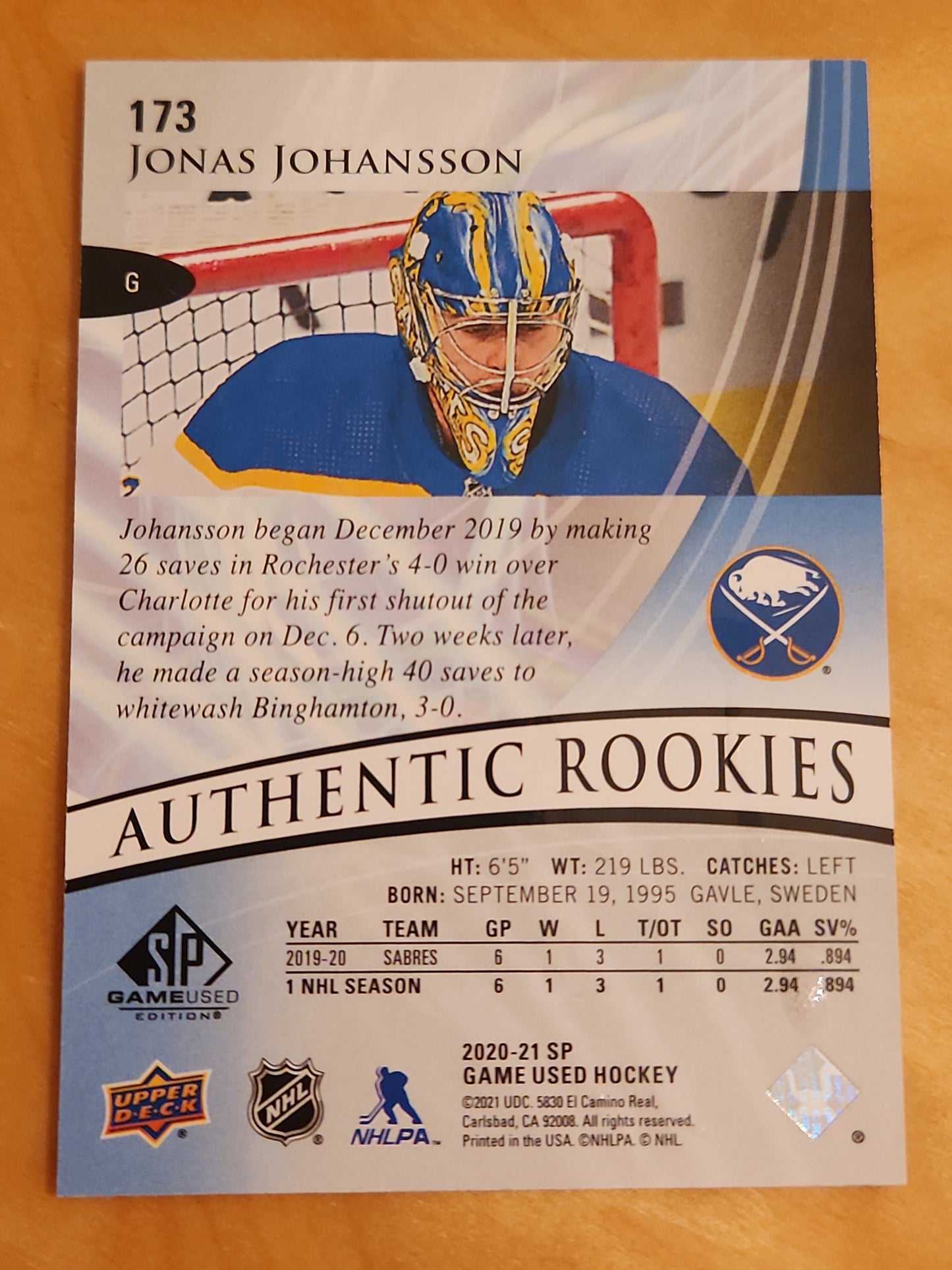 Upper Deck 2020-21 Game Used Authentic Rookies Jonas Johansson #173 Blue Parallel 174/199