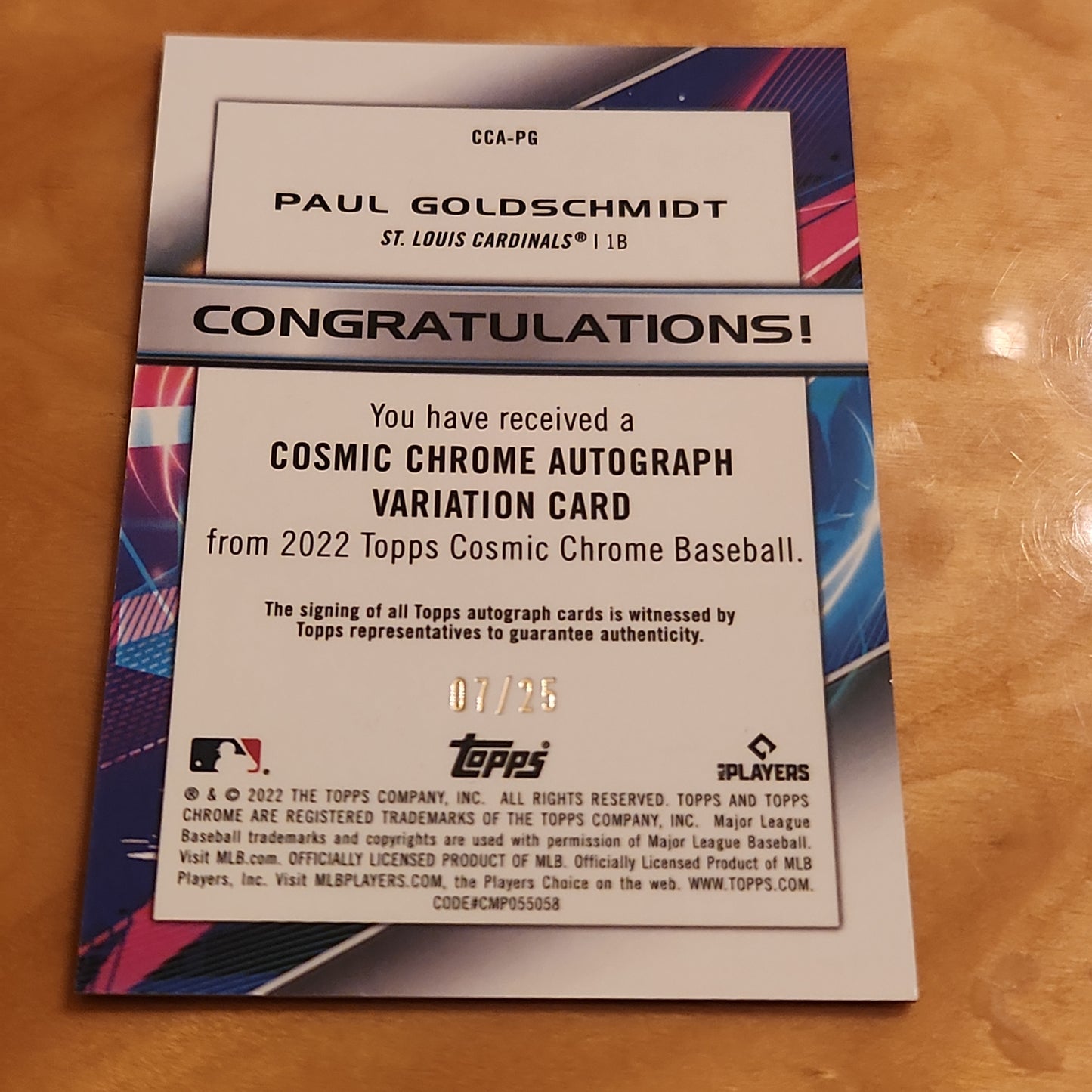 Topps Chrome Cosmic Orange Paul Goldschmidt Auto 07/25 #CCA-PG