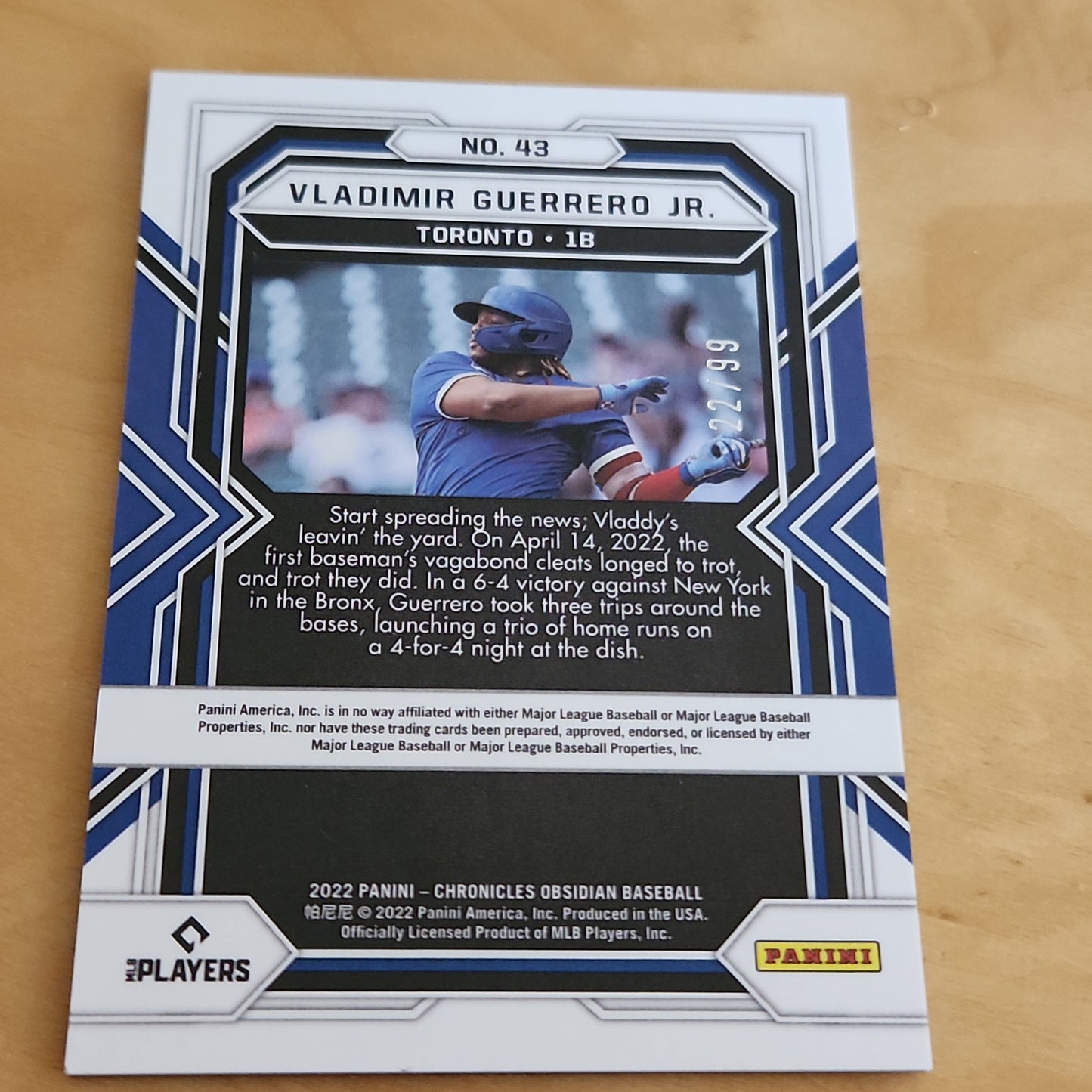 Panini Obsidian Vladimir Guerrero Jr. 22/99 #43