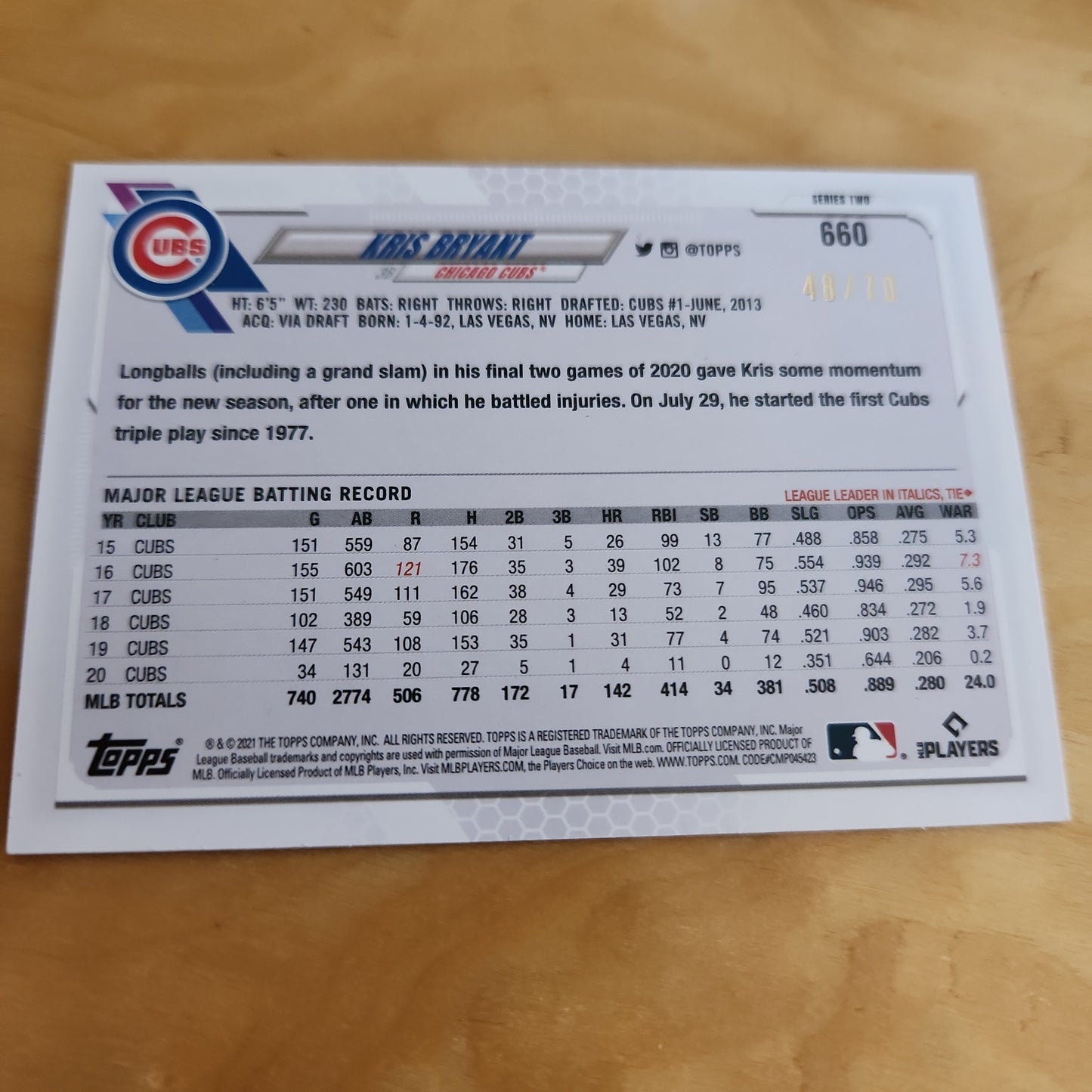 Topps Black 70th Anniversary Kris Bryant 48/70 #660