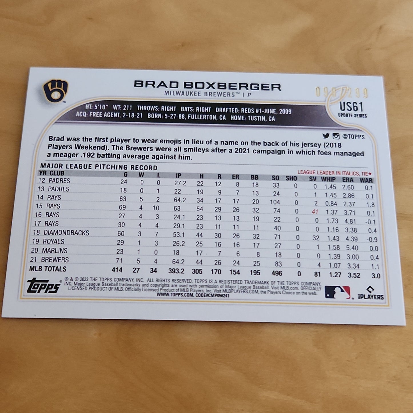 Topps Orange Refractor Brad Boxberger 098/299 #US61