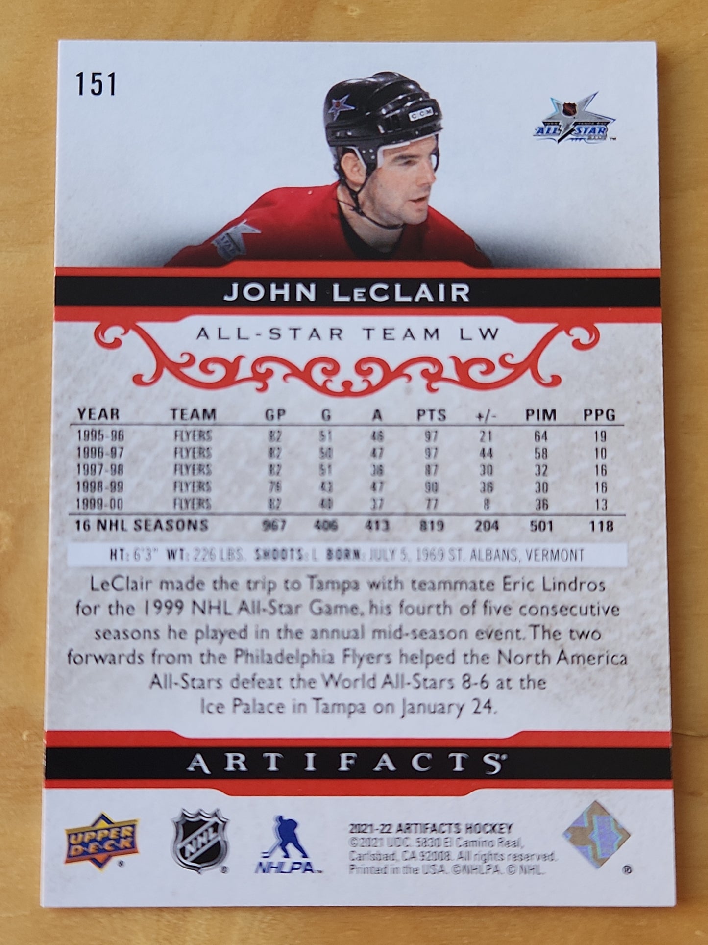 2021-2022 UpperDeck Artifacts Hockey John LeClair #151 Ruby Parallel 262/499