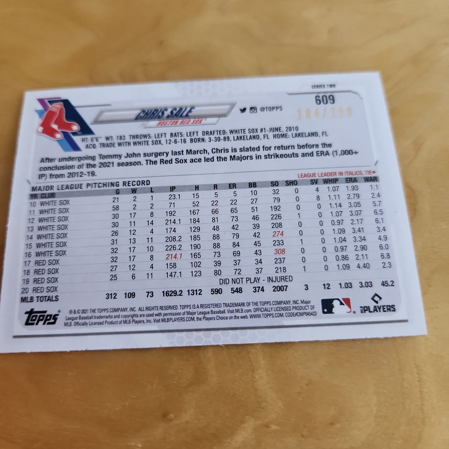 Panini Topps 70th Anniversary Orange Chris Sale 184/299 #609