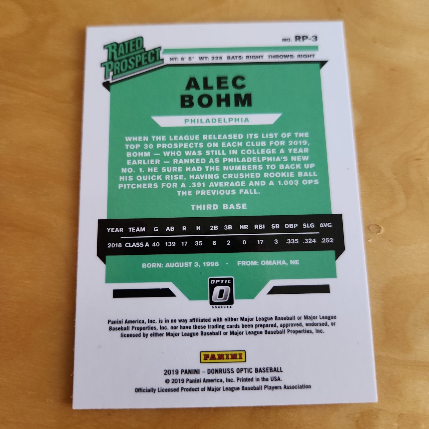 Panini Rated Prospect Optic Alec Bohm #RP-3