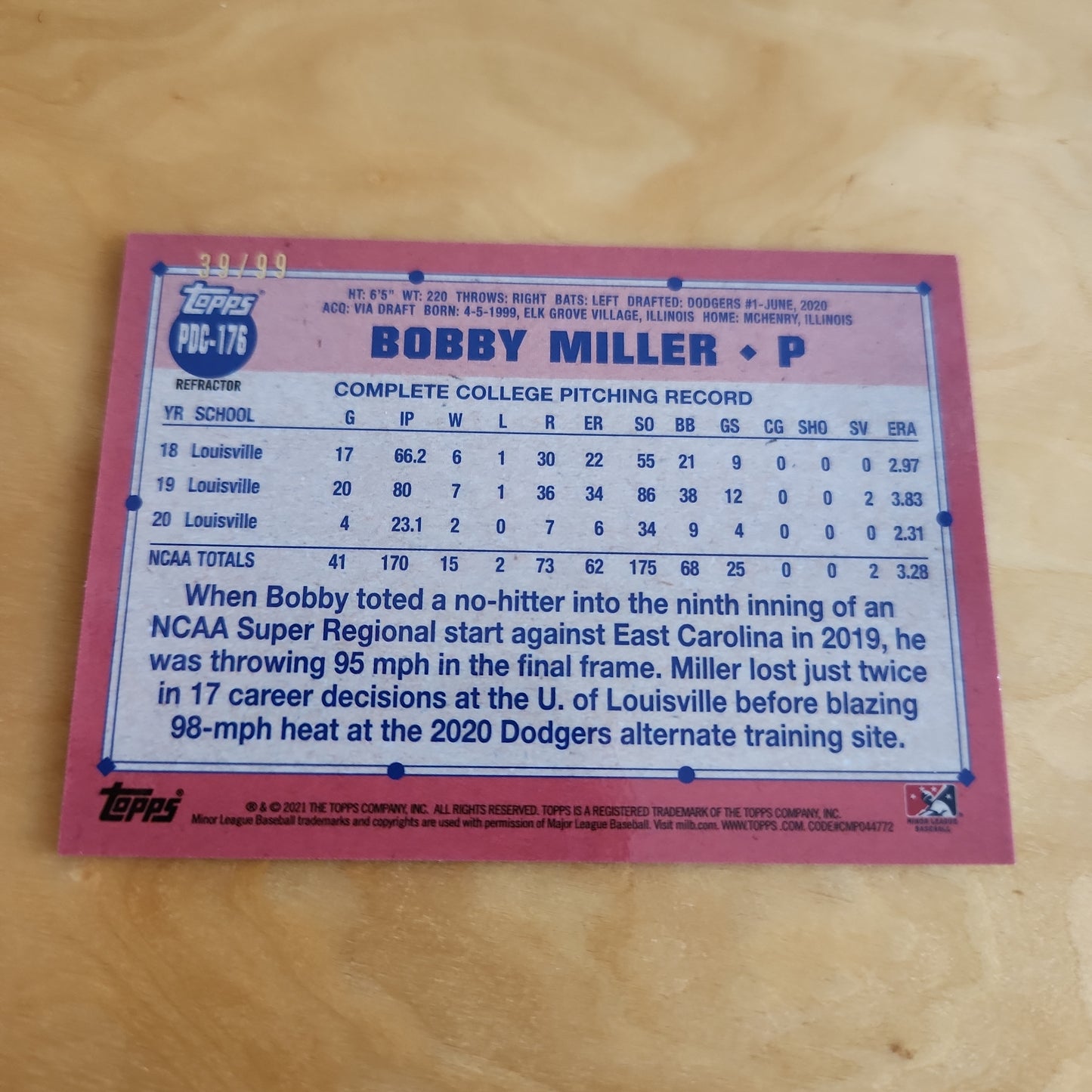 Topps Pro Debut Bobby Miller 39/99 #PDC-176