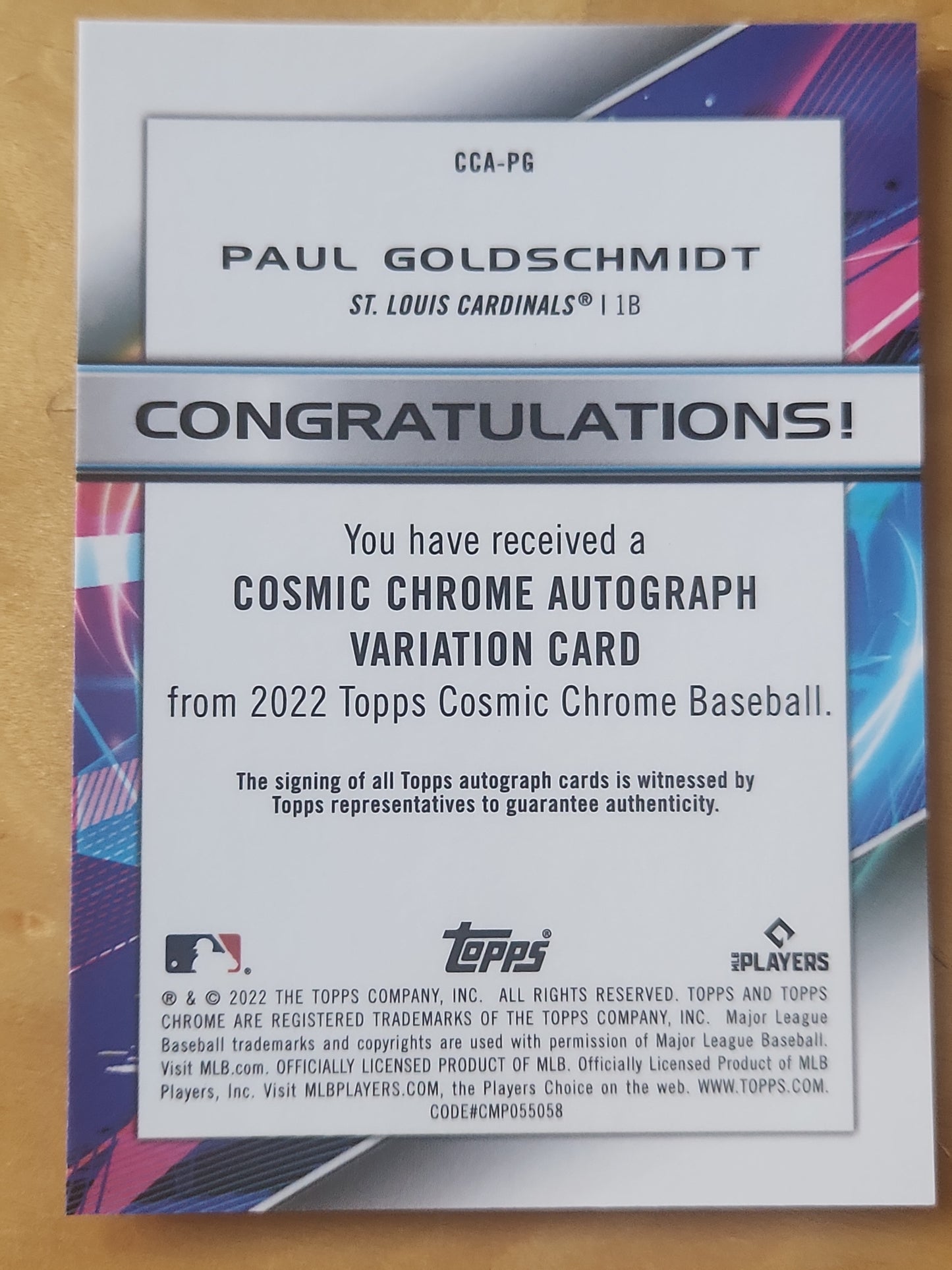 2022 Topps Chrome Baseball Cosmic Chrome Auto Paul Goldschmidt Auto #CCA-PG