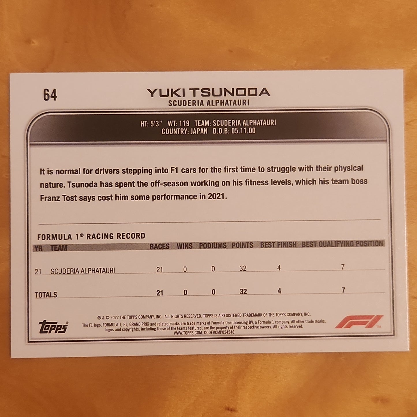 2022 Topps F1 Racing Yuki Tsunoda #64 Checker Board