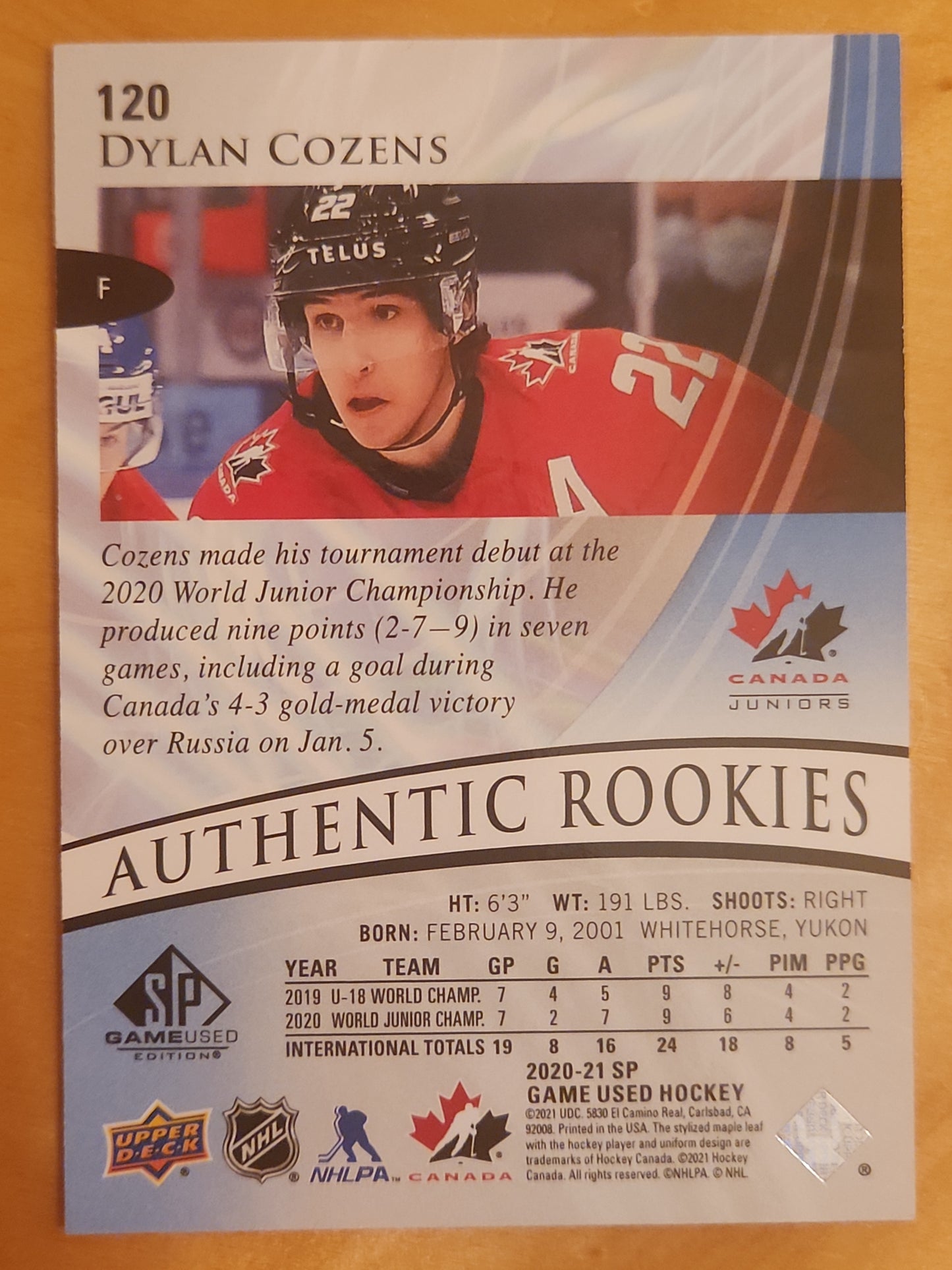 2020-21 UD SP Game Used Dylan Cozens AUTHENTIC ROOKIES Capitals SP Blue 022/199