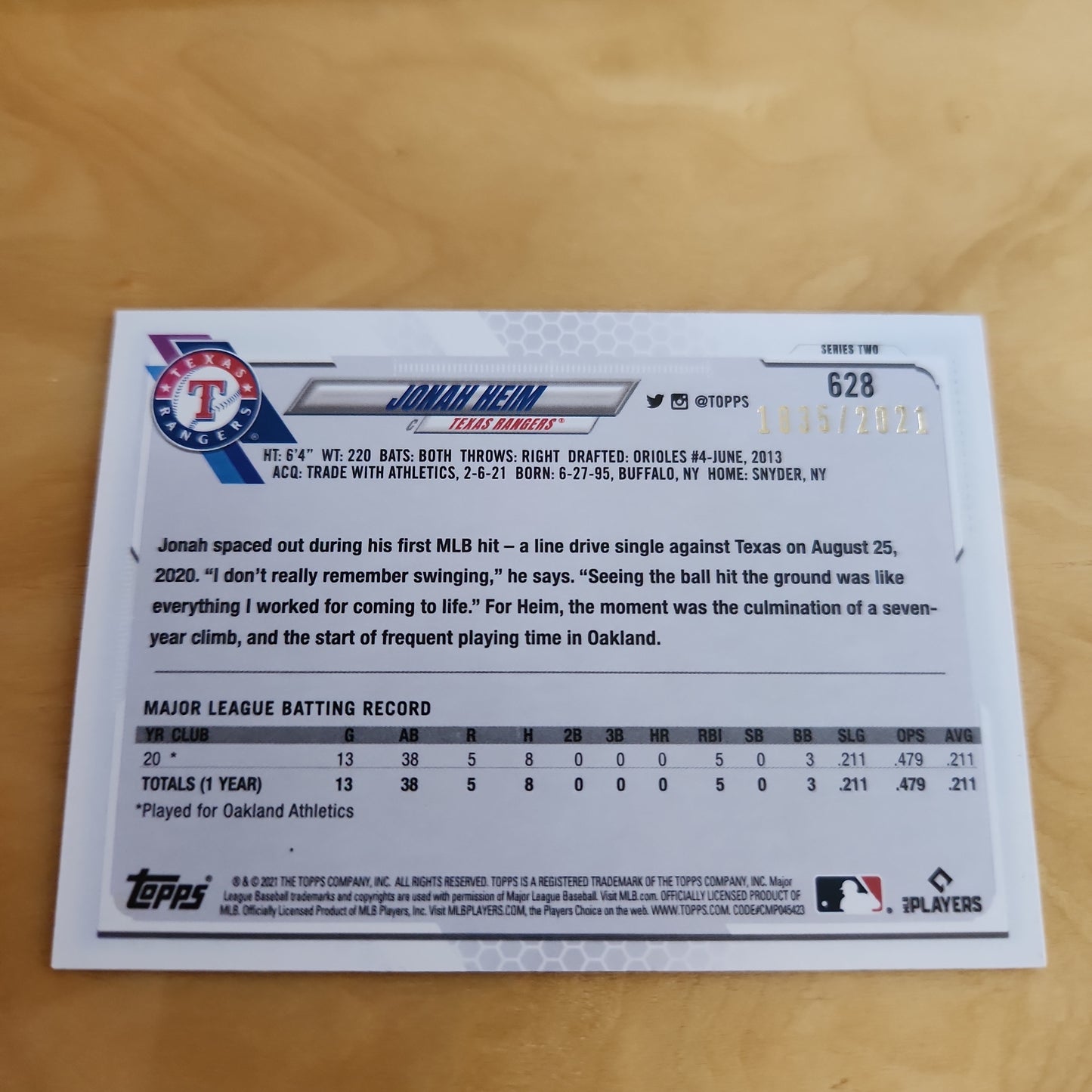Topps 70th Anniversary Brown Jonah Heim RC 1835/2021 #628
