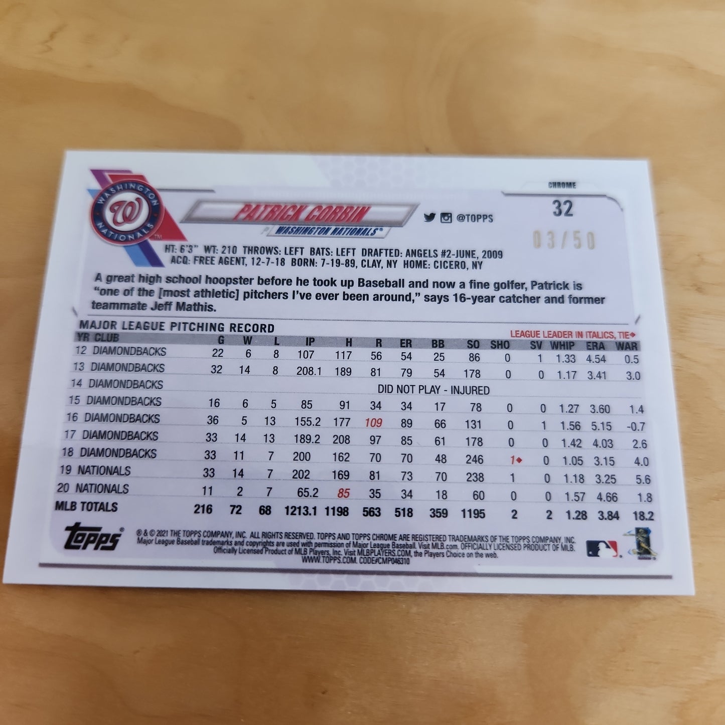 Topps Chrome Brown Patrick Corbin 03/50 #32
