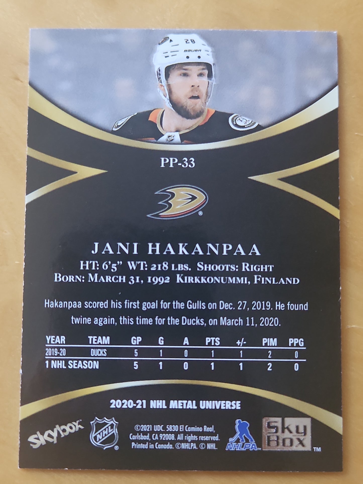 2020-21 Skybox Hockey Metal Universe Jani Hakanpaa Prominent Prospects #PP-33 Red 41/5