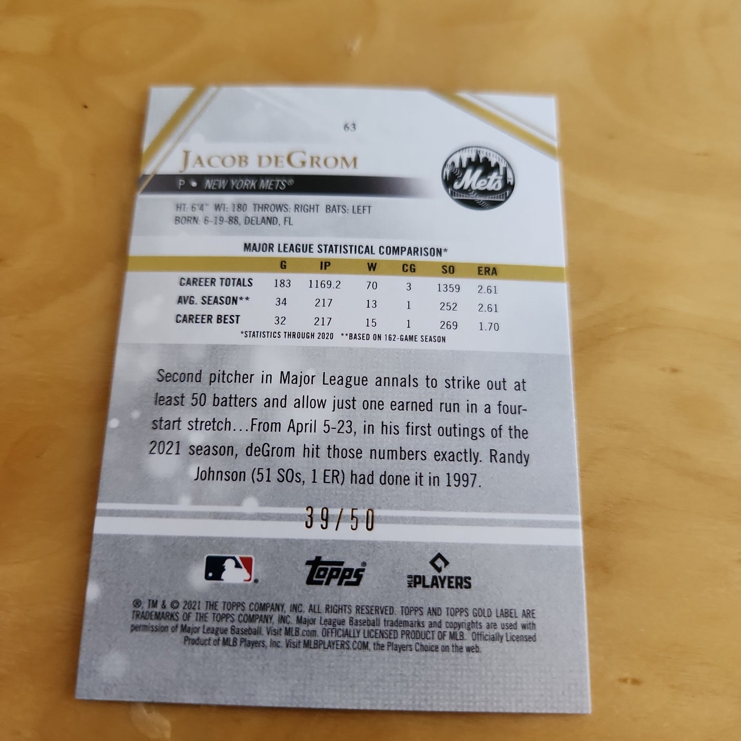 Topps Gold Label Red Jacob DeGrom 39/50 #63
