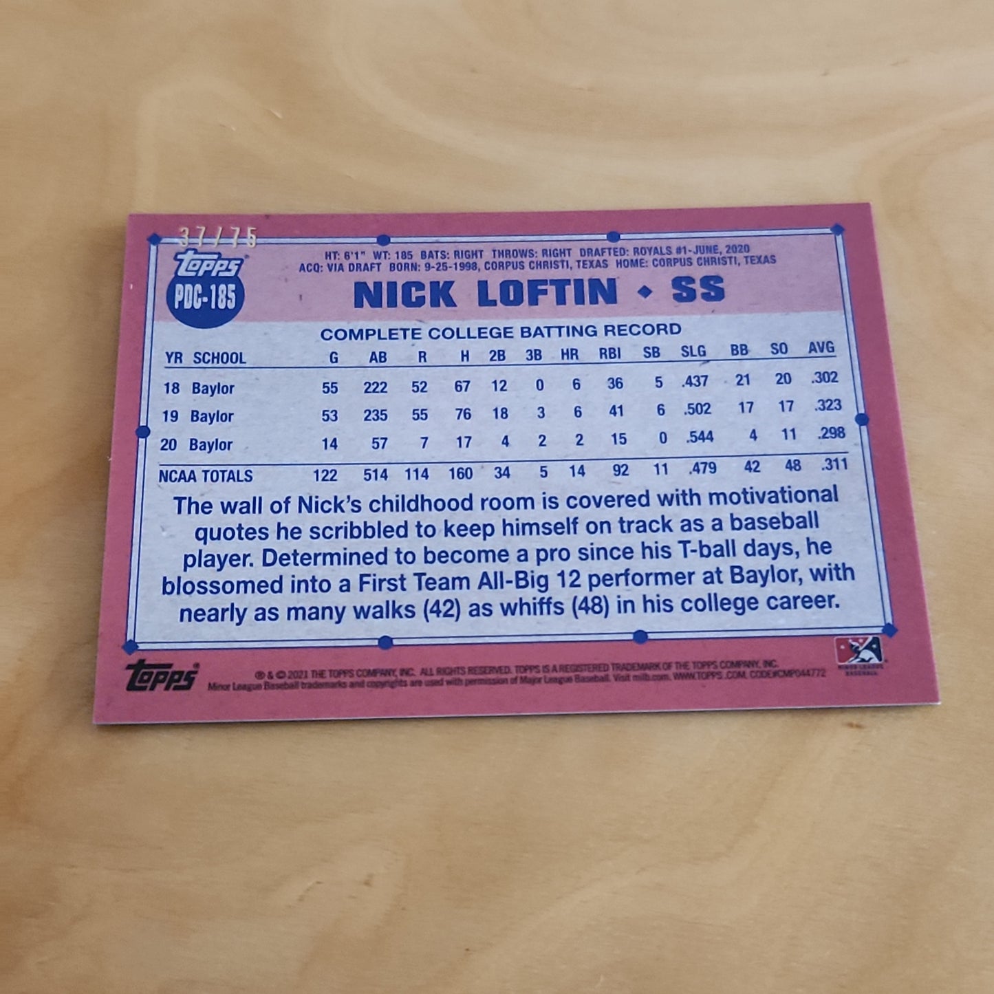 Topps Green Pro Debut Nick Loftin 37/75 #PDC-185
