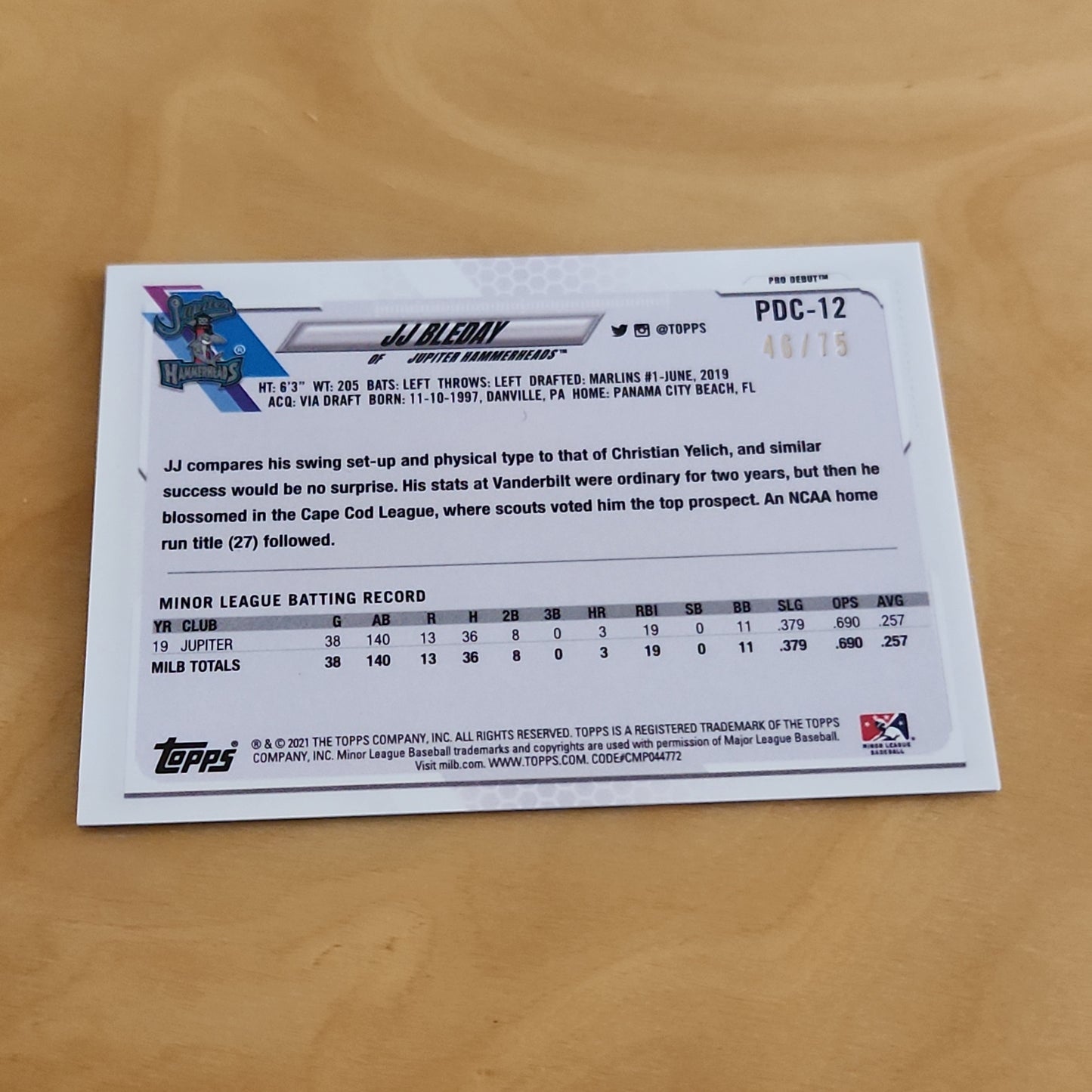 Topps Chrome Green JJ Bleday 46/75 #PDC-12