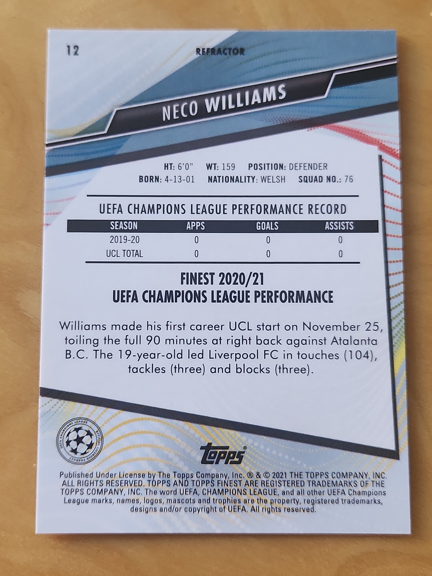 2020-21 Topps Finest UEFA UCL Neco Williams  Silver Refractor RC Liverpool FC #12