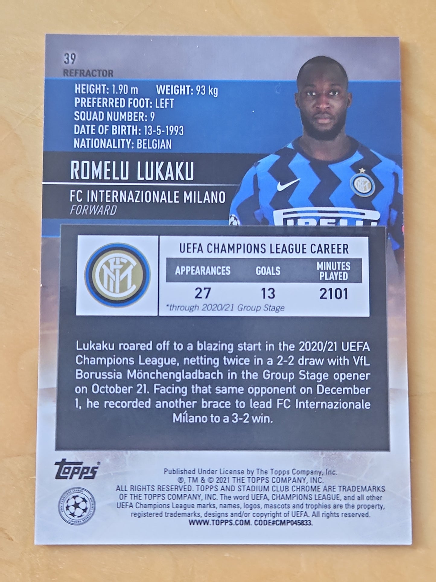 2021 Topps Stadium Chrome Club UEFA Romelu Lukaku #39