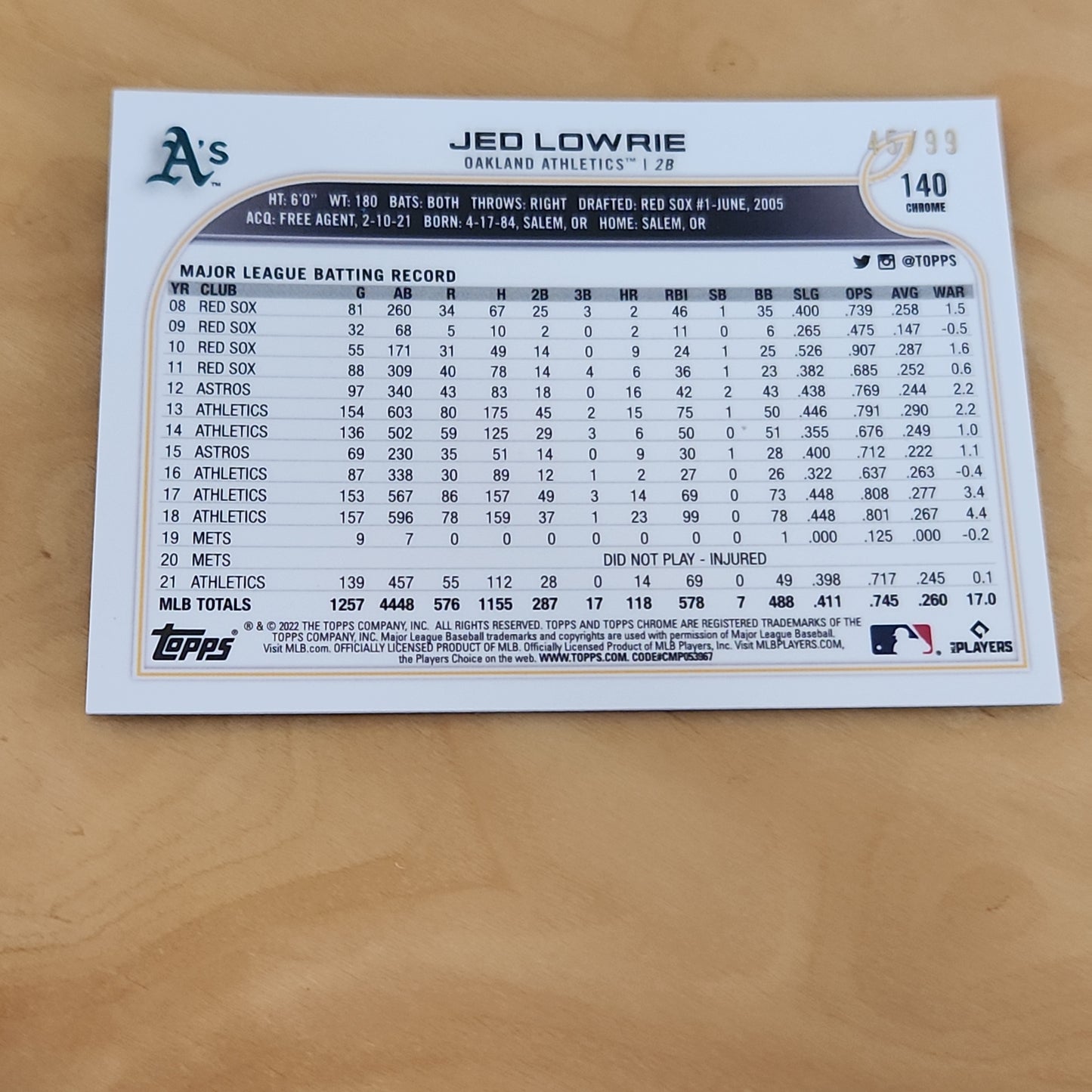 Topps Chrome Green Jed Lowrie 45/99 #140
