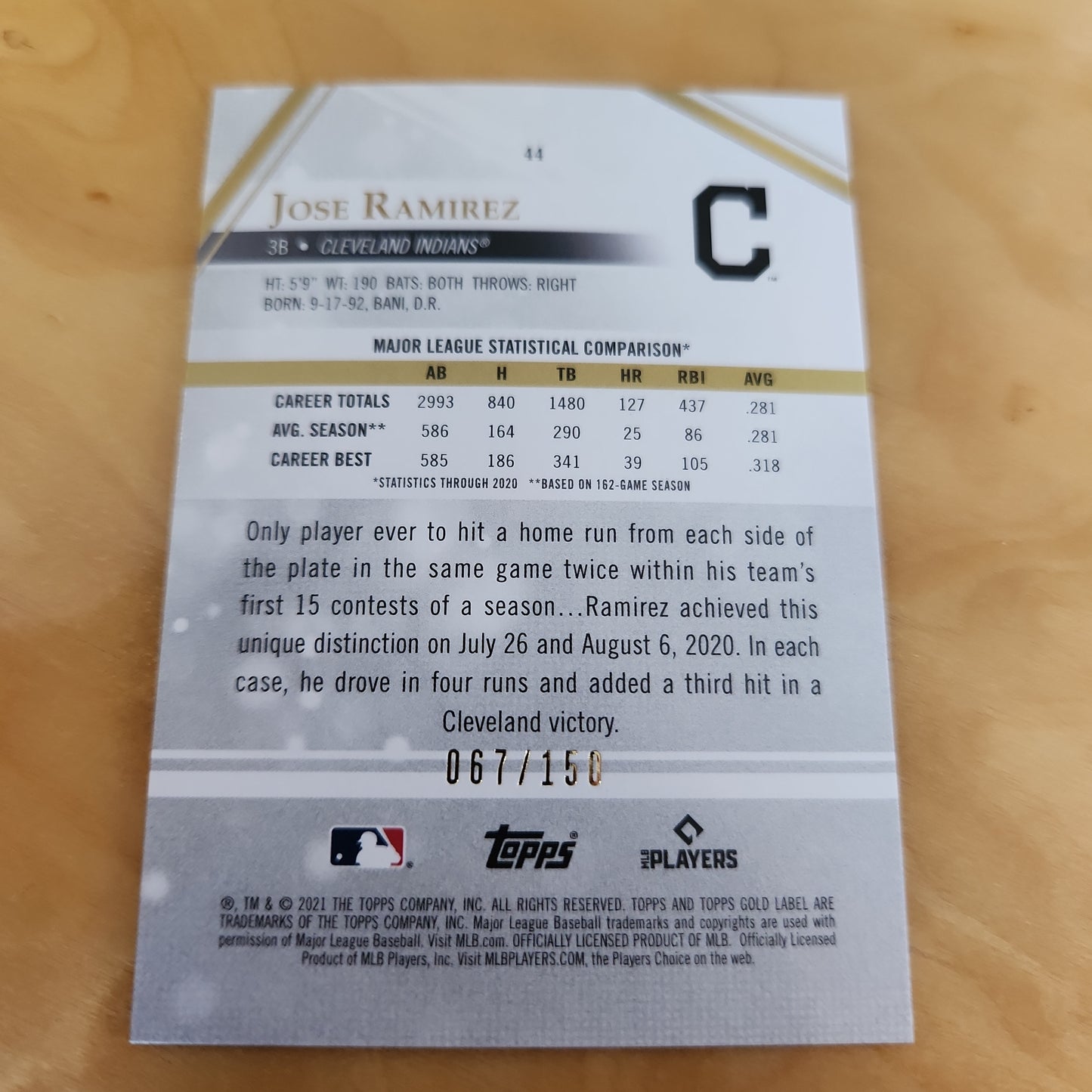 Topps Chrome Blue Gold Label Jose Ramirez 067/150 #44