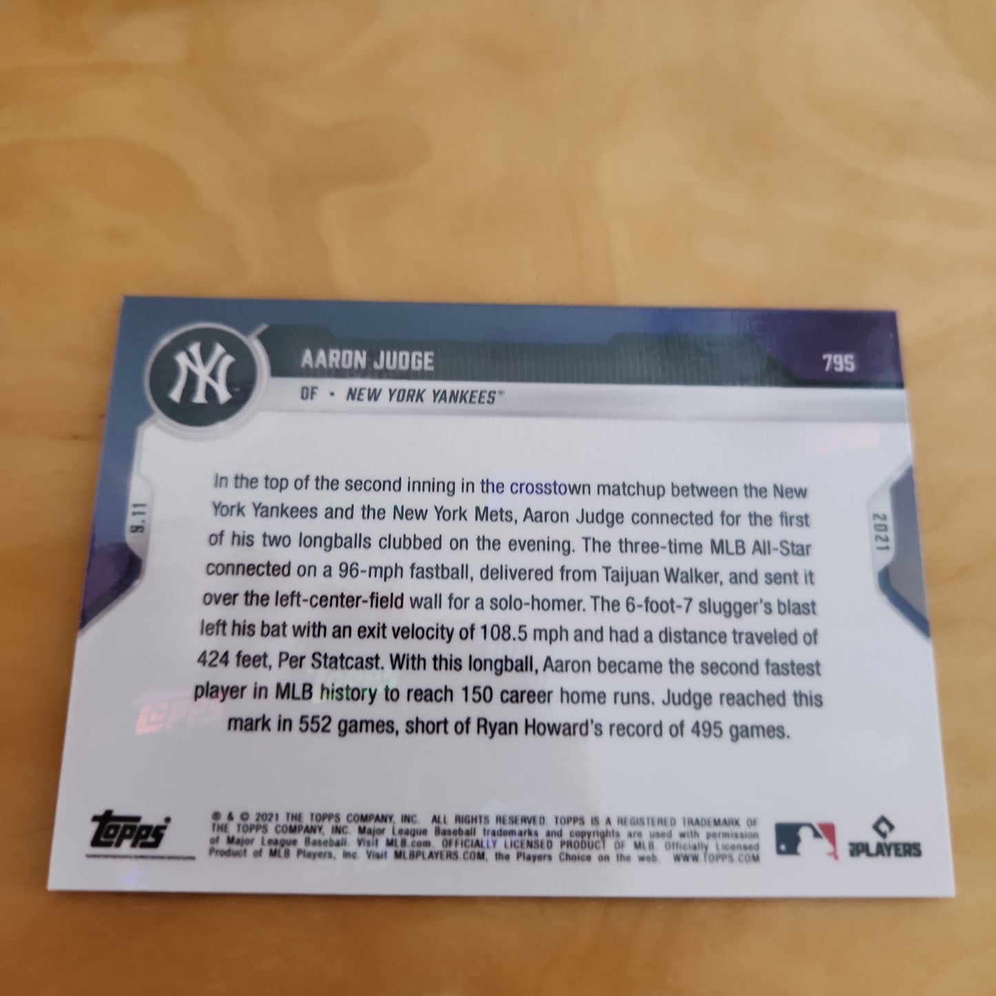 Topps Now Blue Aaron Judge 4/49 #795