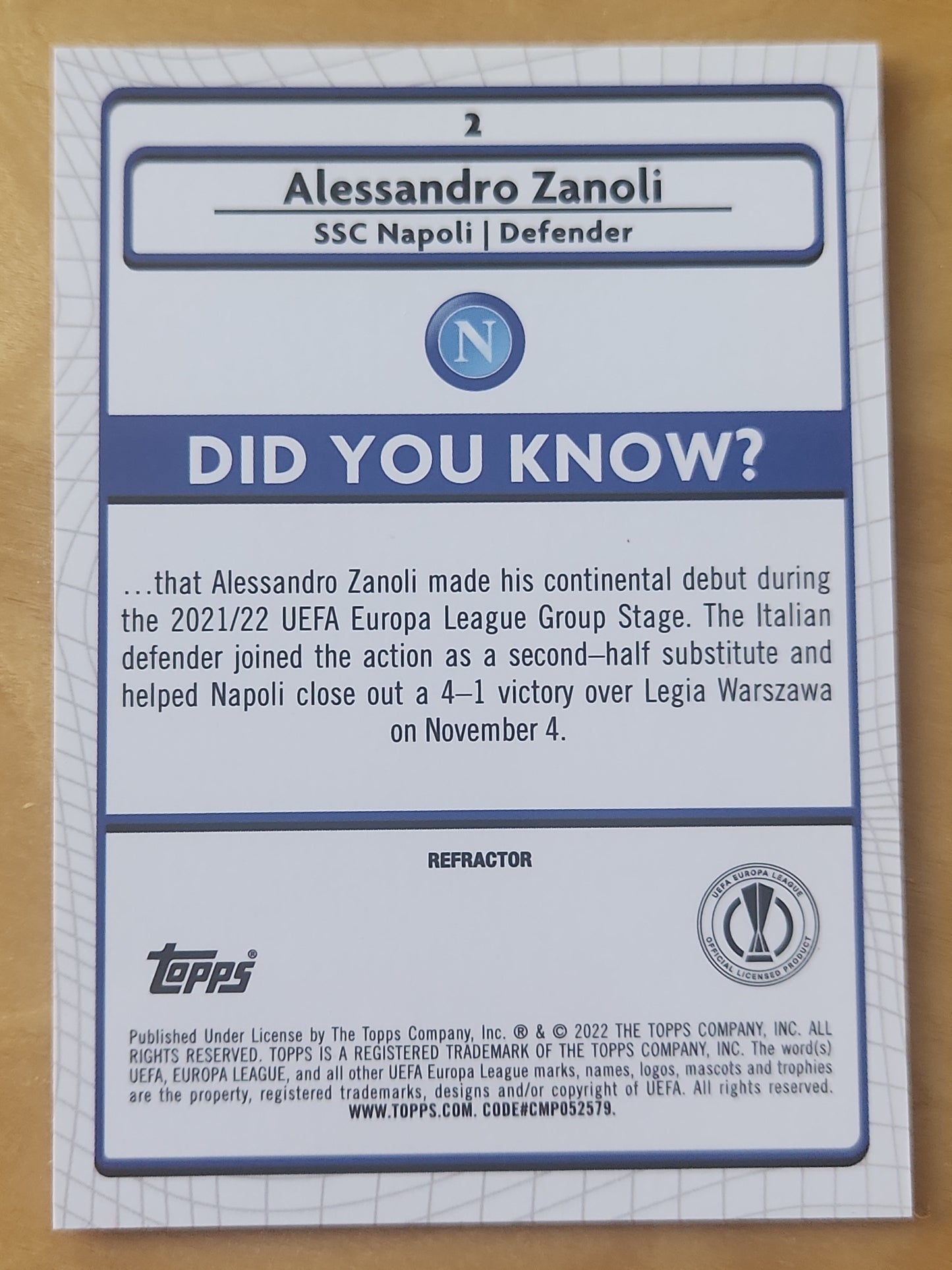 2022 Topps Merlin UEFA Alessandro Zanoli RC SSC Napoli #2 Refractor