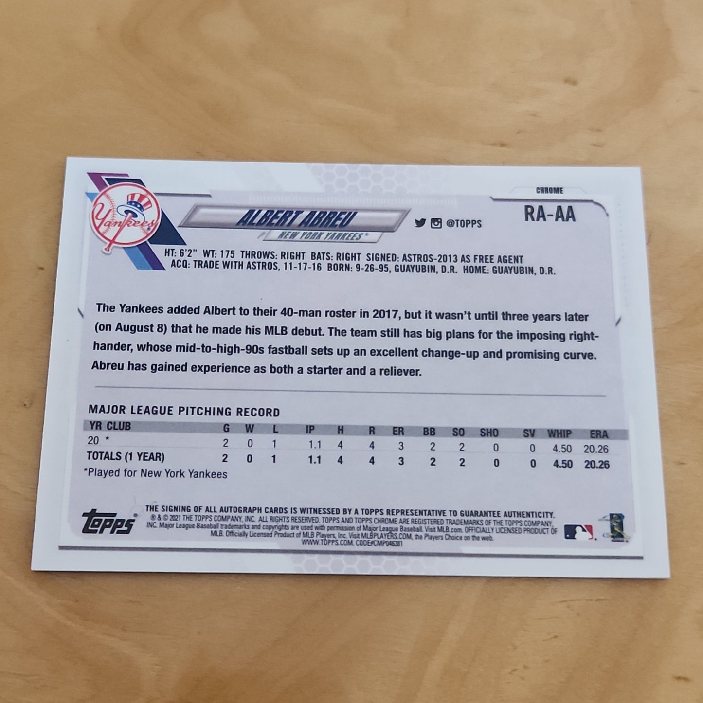 Topps Chrome Albert Abreu RC Auto #RA-AA