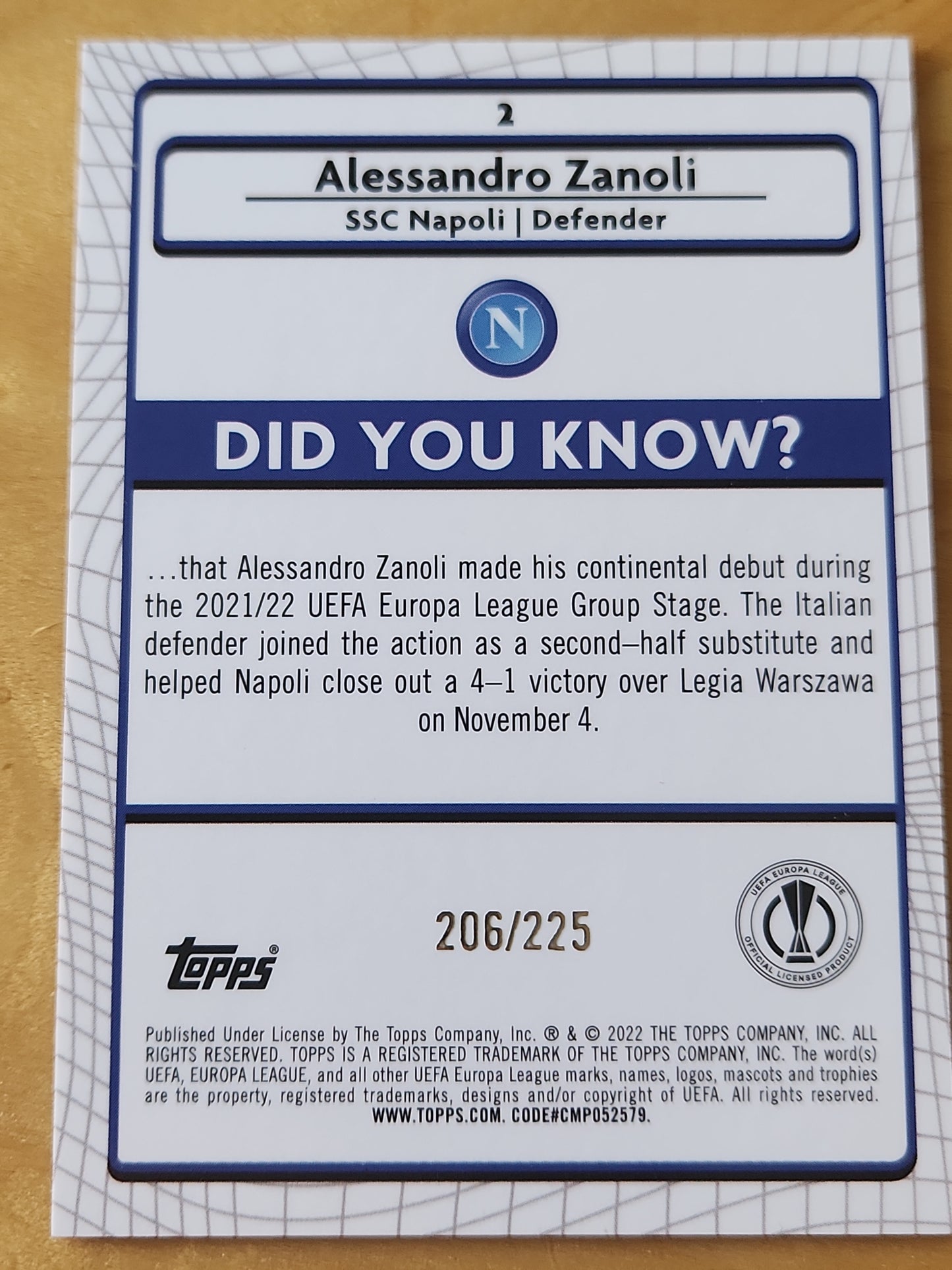 2022 Topps Merlin UEFA Alessandro Zanoli RC SSC Napoli #2 Yellow Eave Mojo 206/225