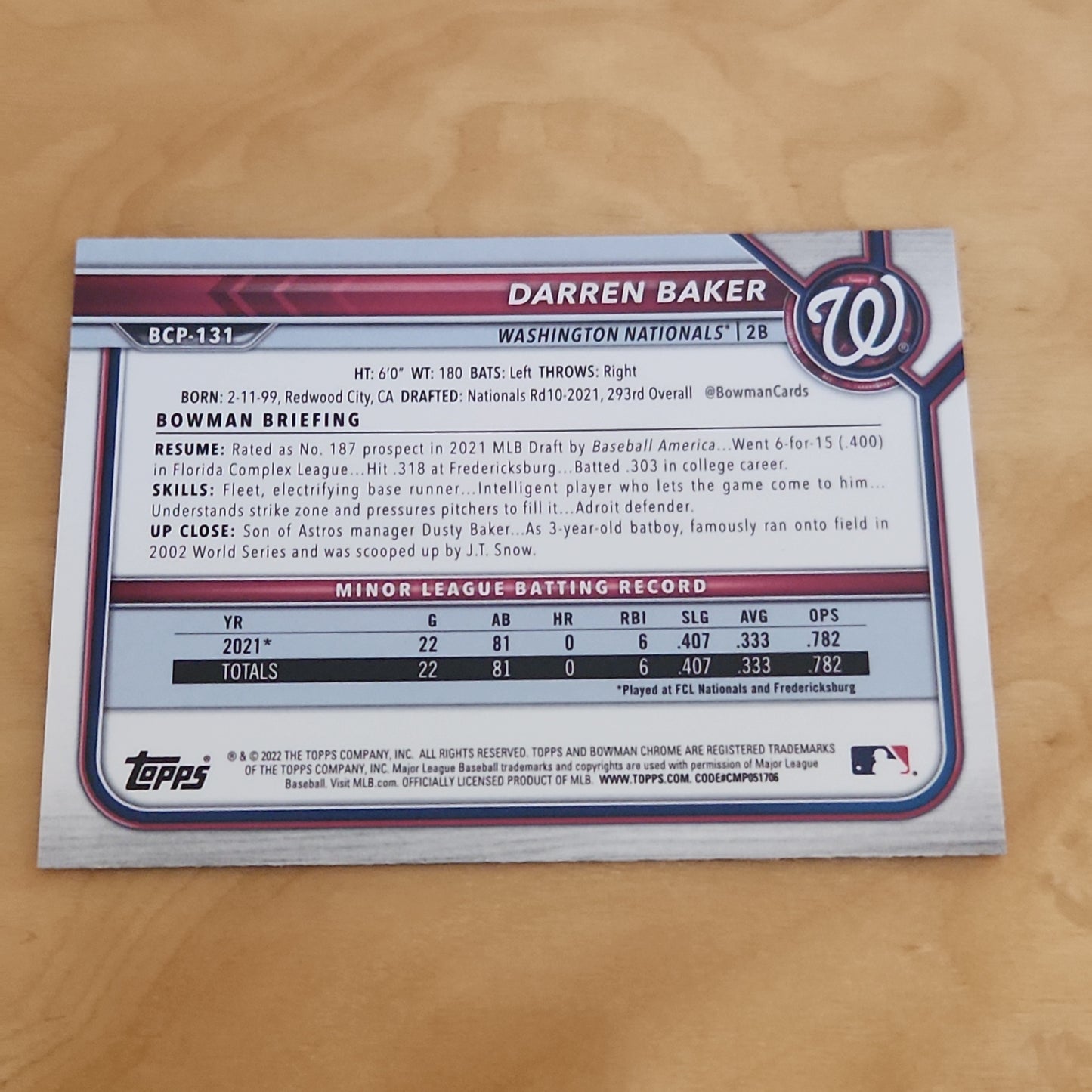 Topps 1st Bowman Chrome Darren Baker #BCP-131