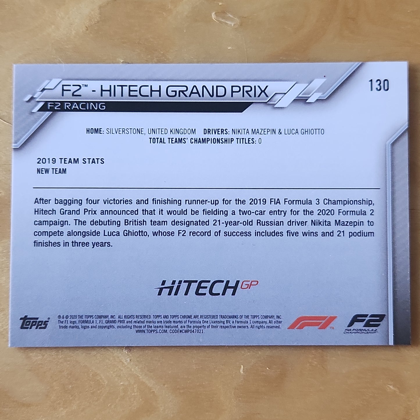 2020 Topps Chrome Spahire F2 HiTech GP Team Logo #130