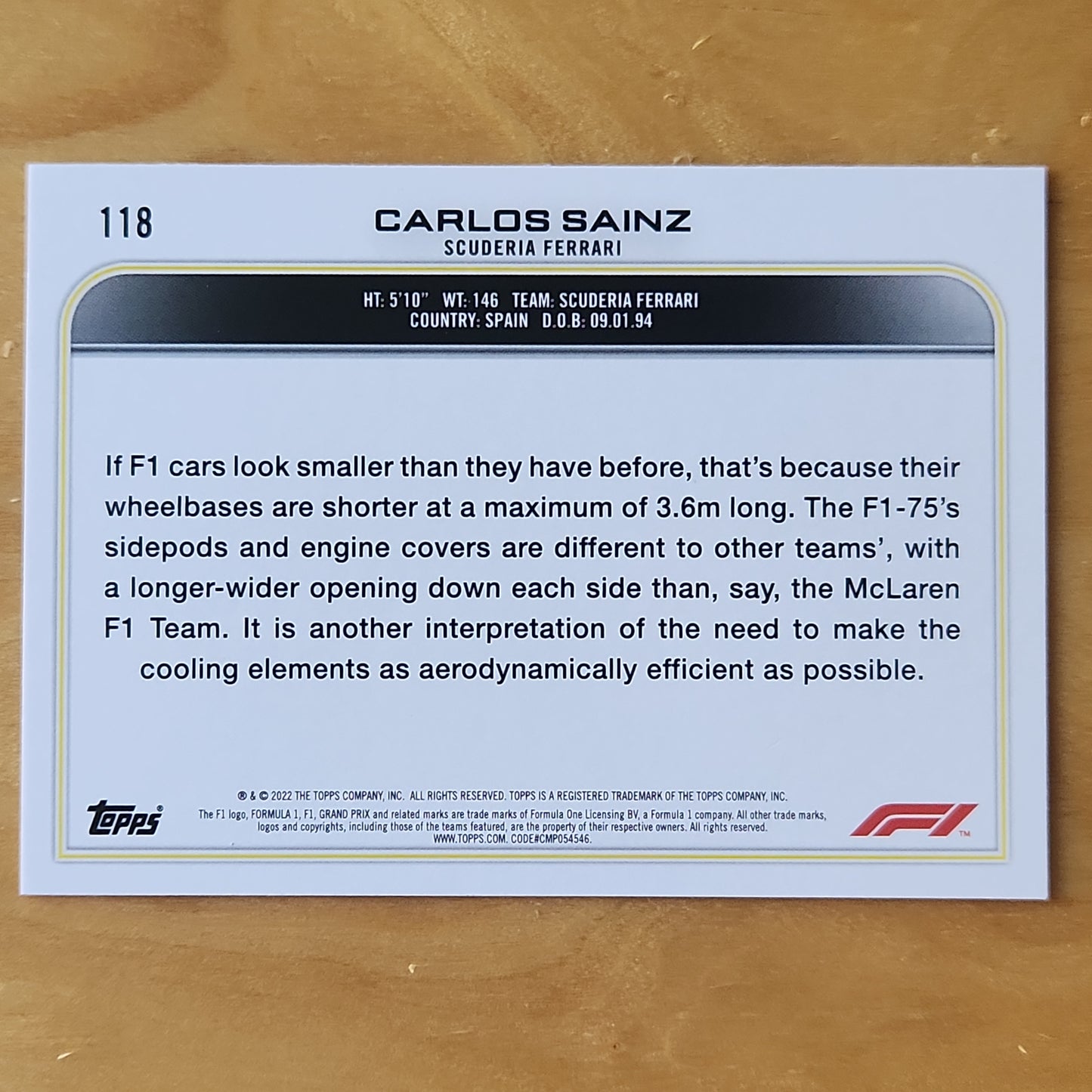 2022 Topps F1 Carlos Sainz Car #118 Checker Board