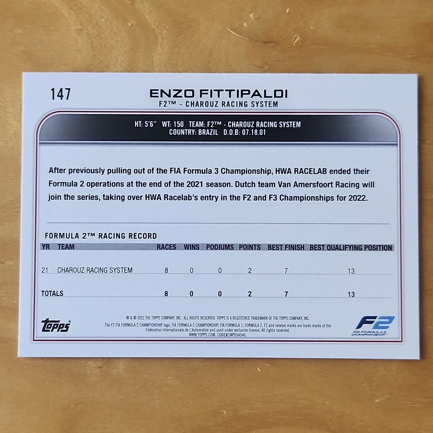 2022 Topps F2 Enzo Fittipaldi #147 Checker Board