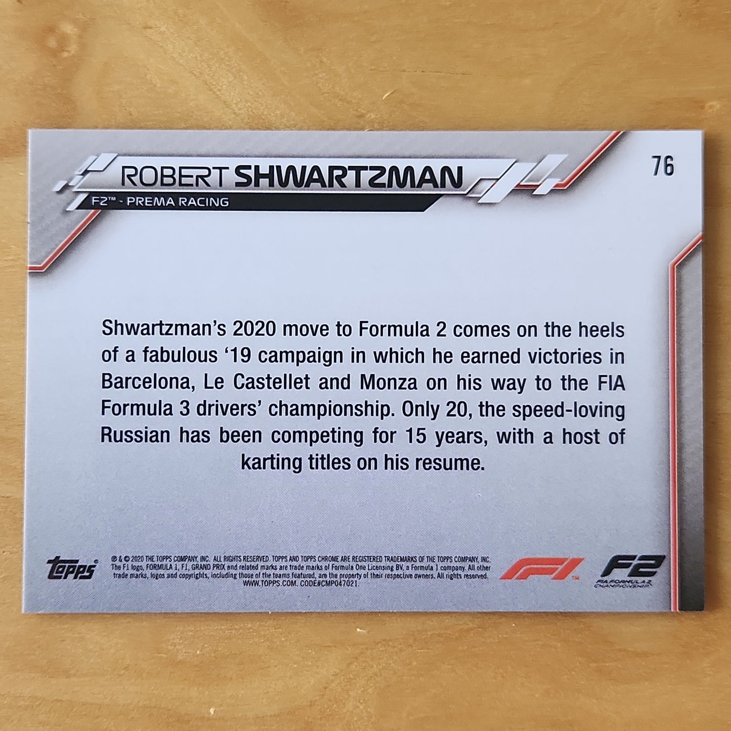 2020 Topps Chrome Spahire F1 Robert Shwartzman Car #76