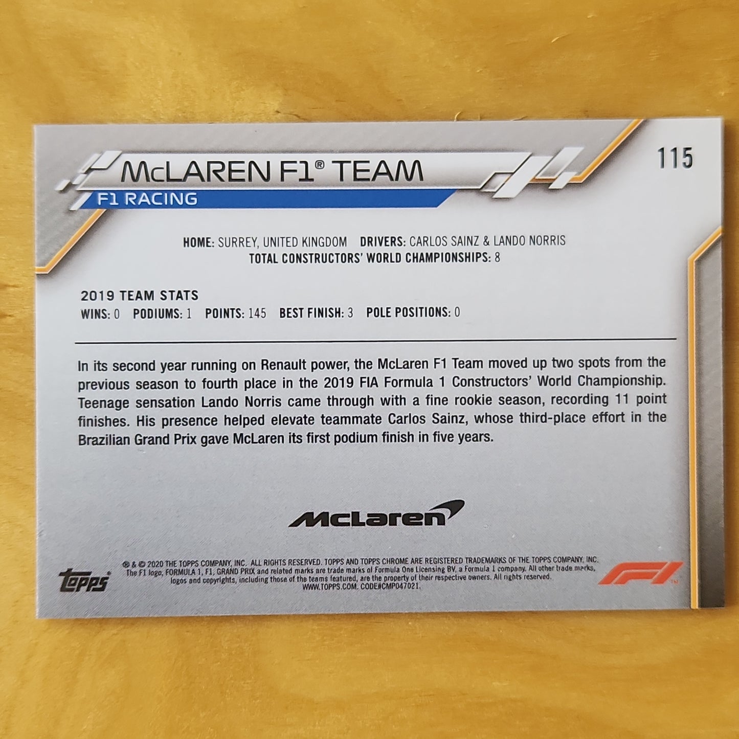 2020 Topps Chrome Saphire F1 McLaren F1 Team #115