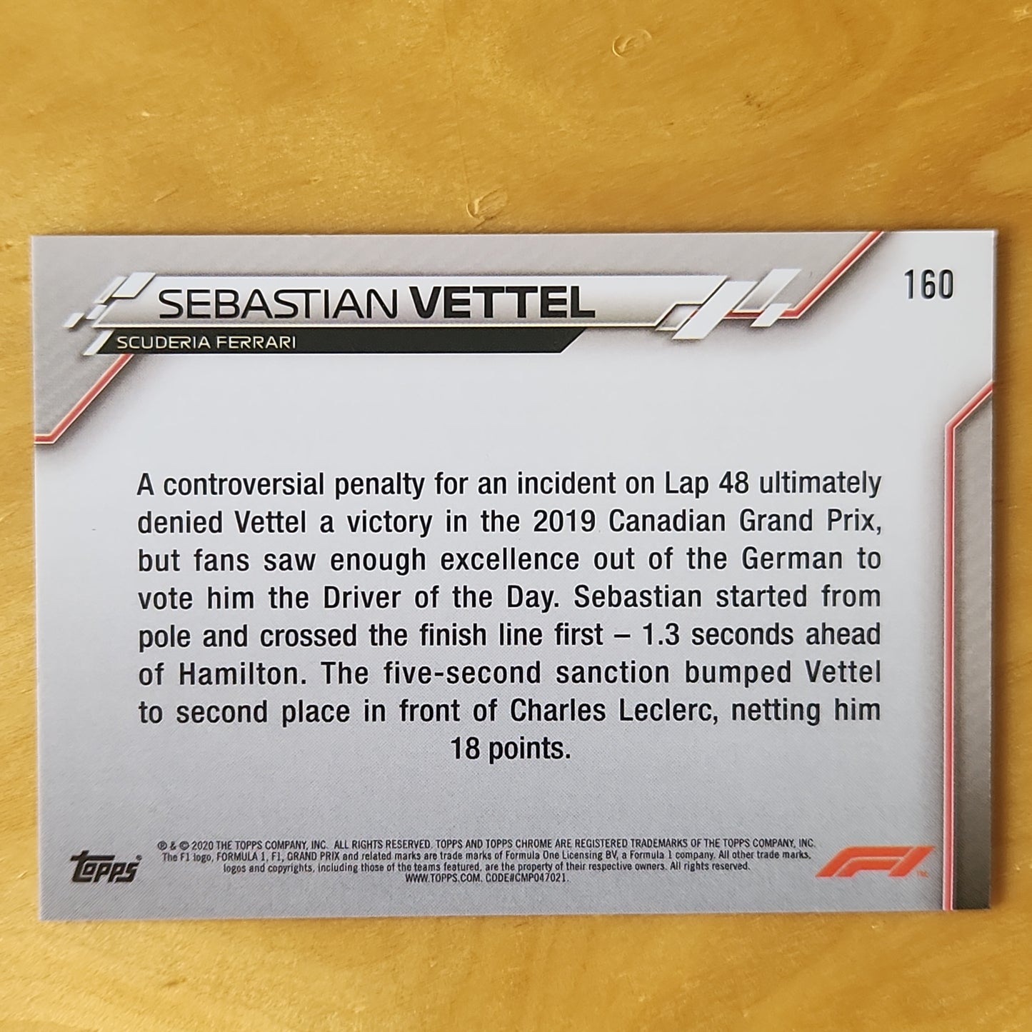 2020 Topps Chrome Saphire F1 Grand Prix Driver of the Day Canada Sebastian Vettel #160