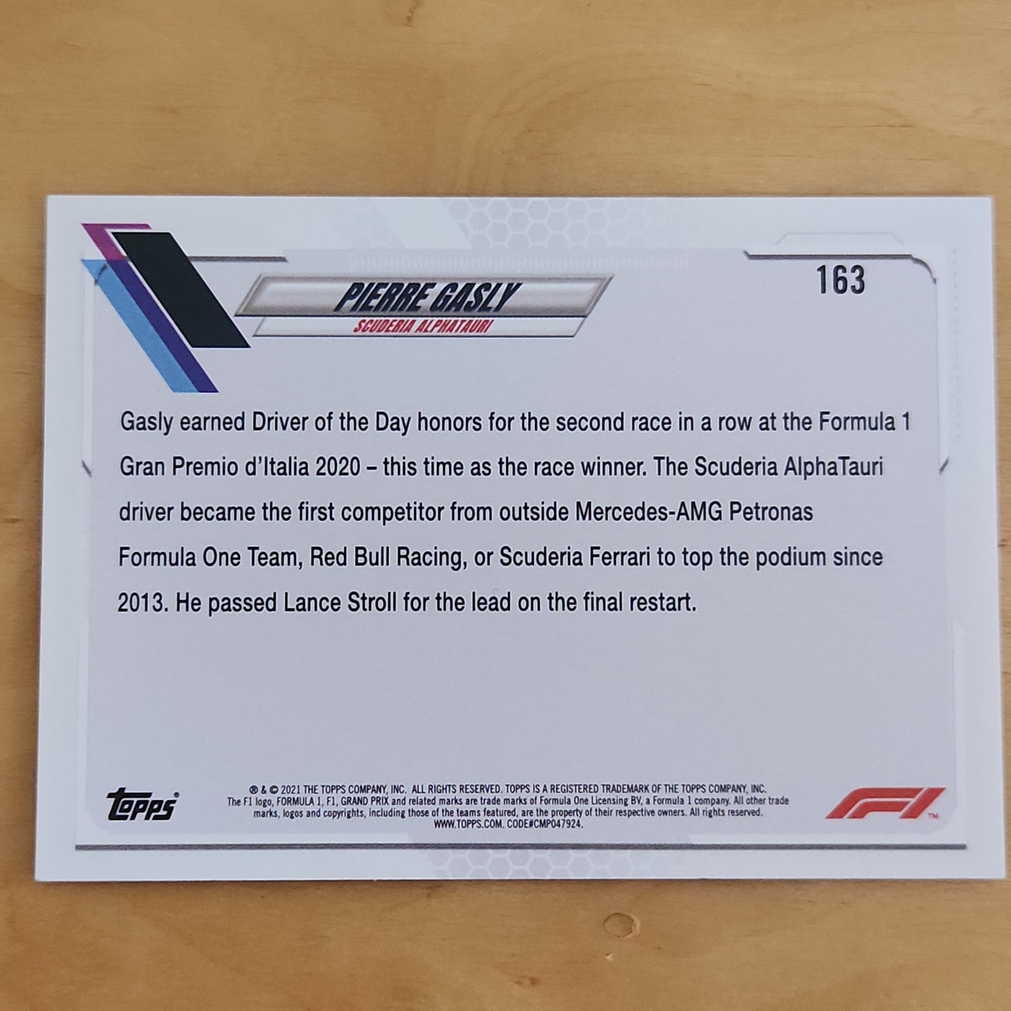 2021 Topps Grand Prix Driver of the Day-Italy Pierre Gasly #163 Checker Flag