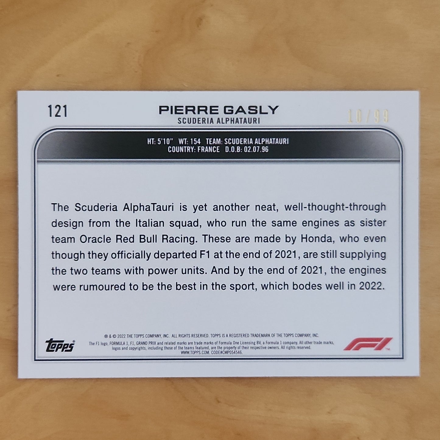 2022 Topps F1 Pierre Gasly #121 Blue Parallel 10/99