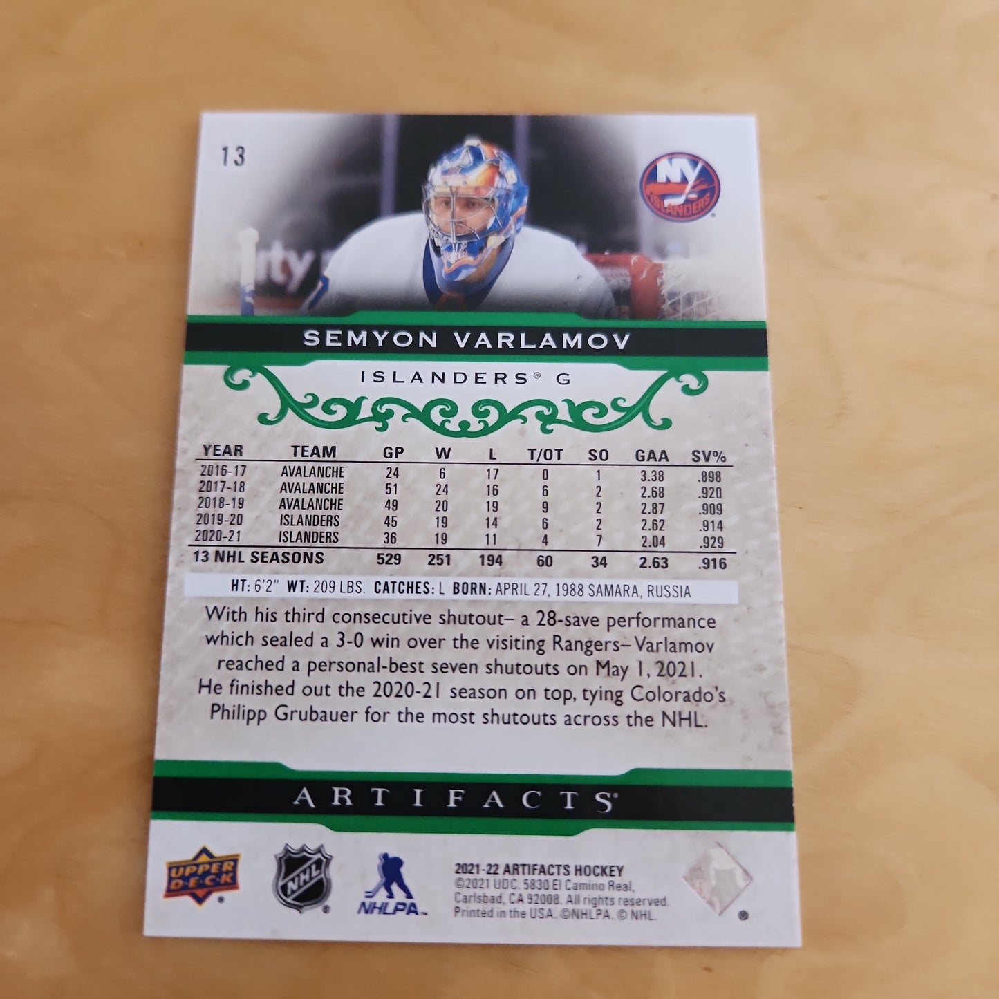 Upper Deck Artifacts Green Semyon Varlamov 92/99 #13