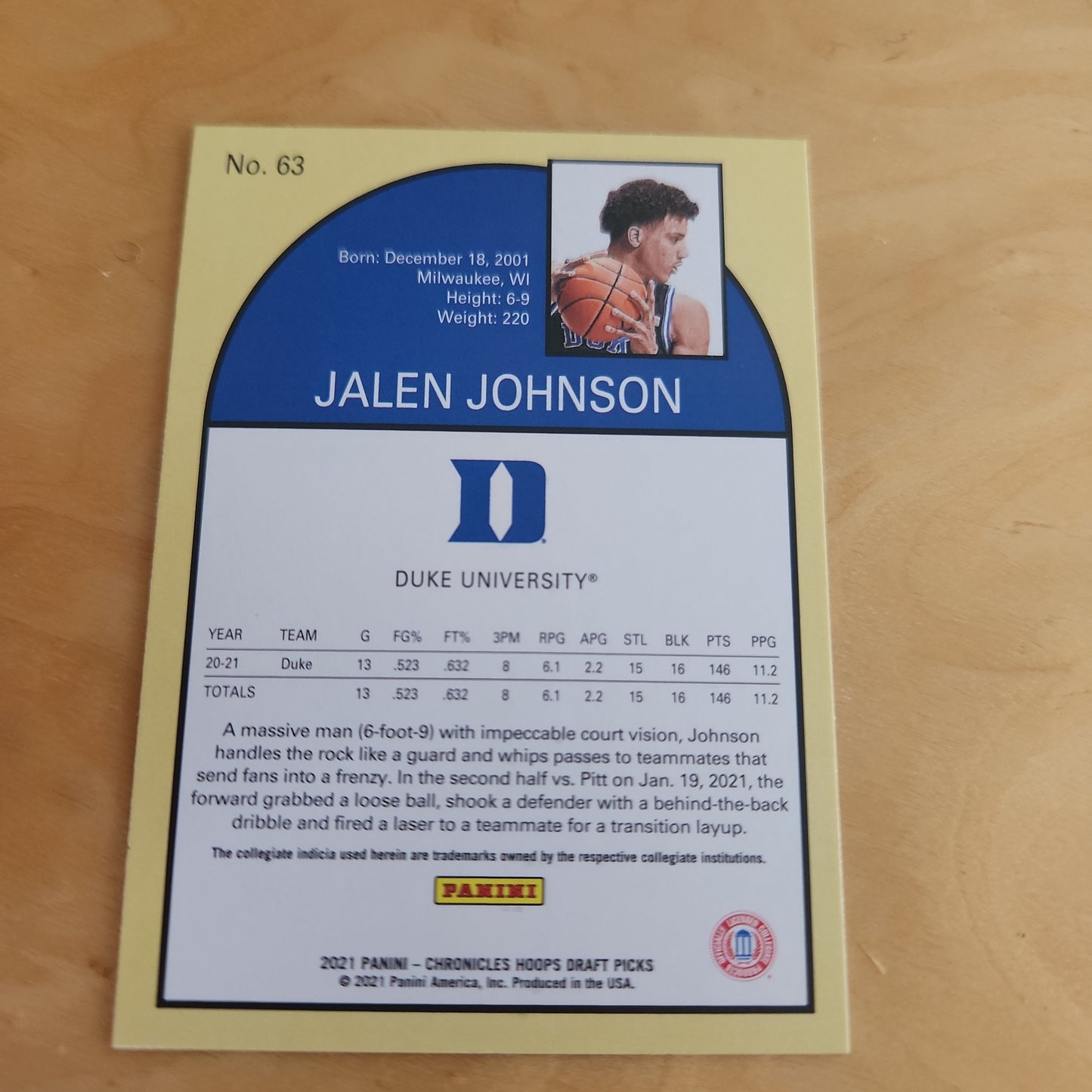 Panini NBA Hoops Draft Picks Jalen Johnson #63