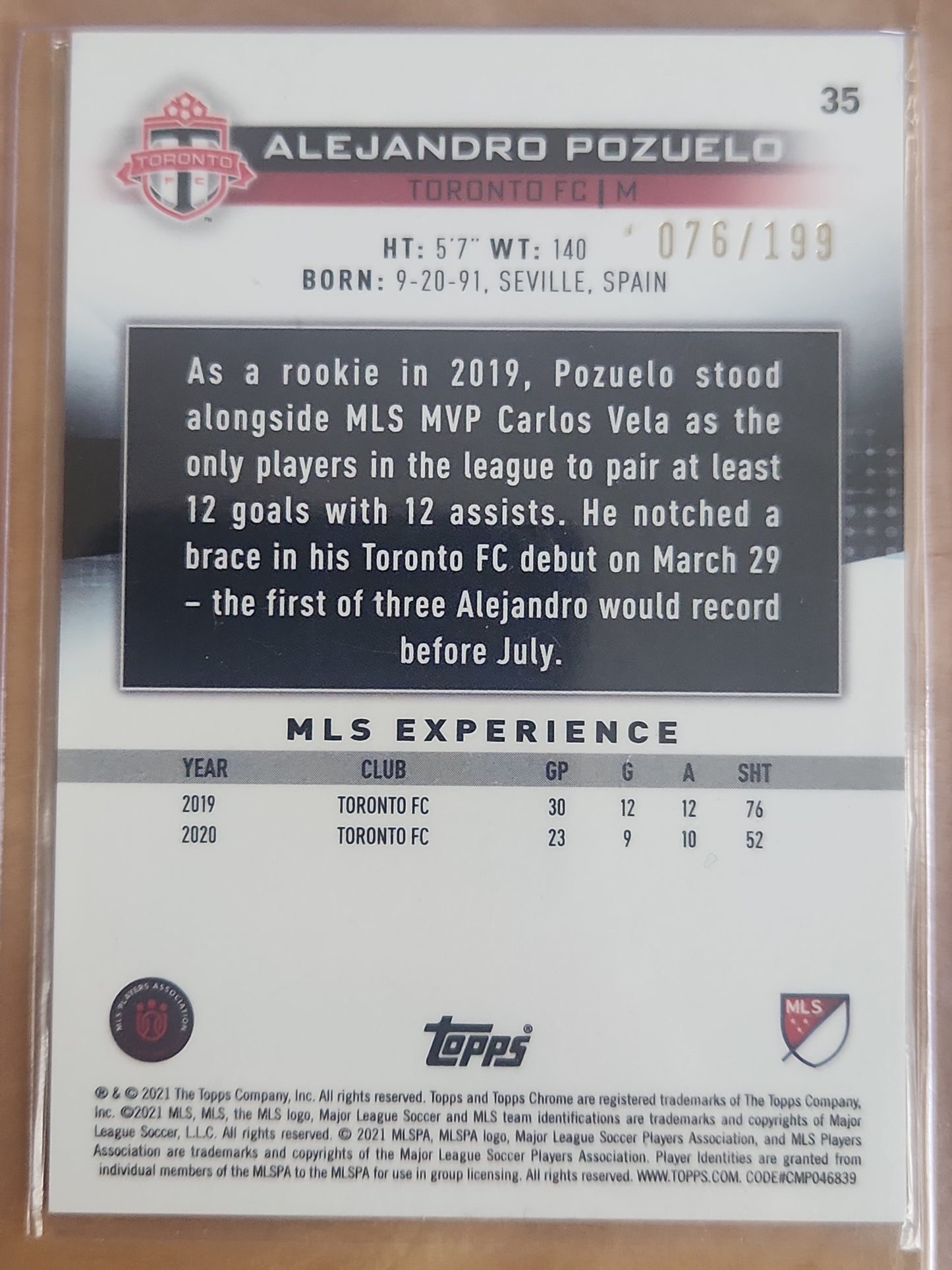 2021 Topps Alejandro Pozuela Chrome Blue Wave 076/199 #35 Toronto FC